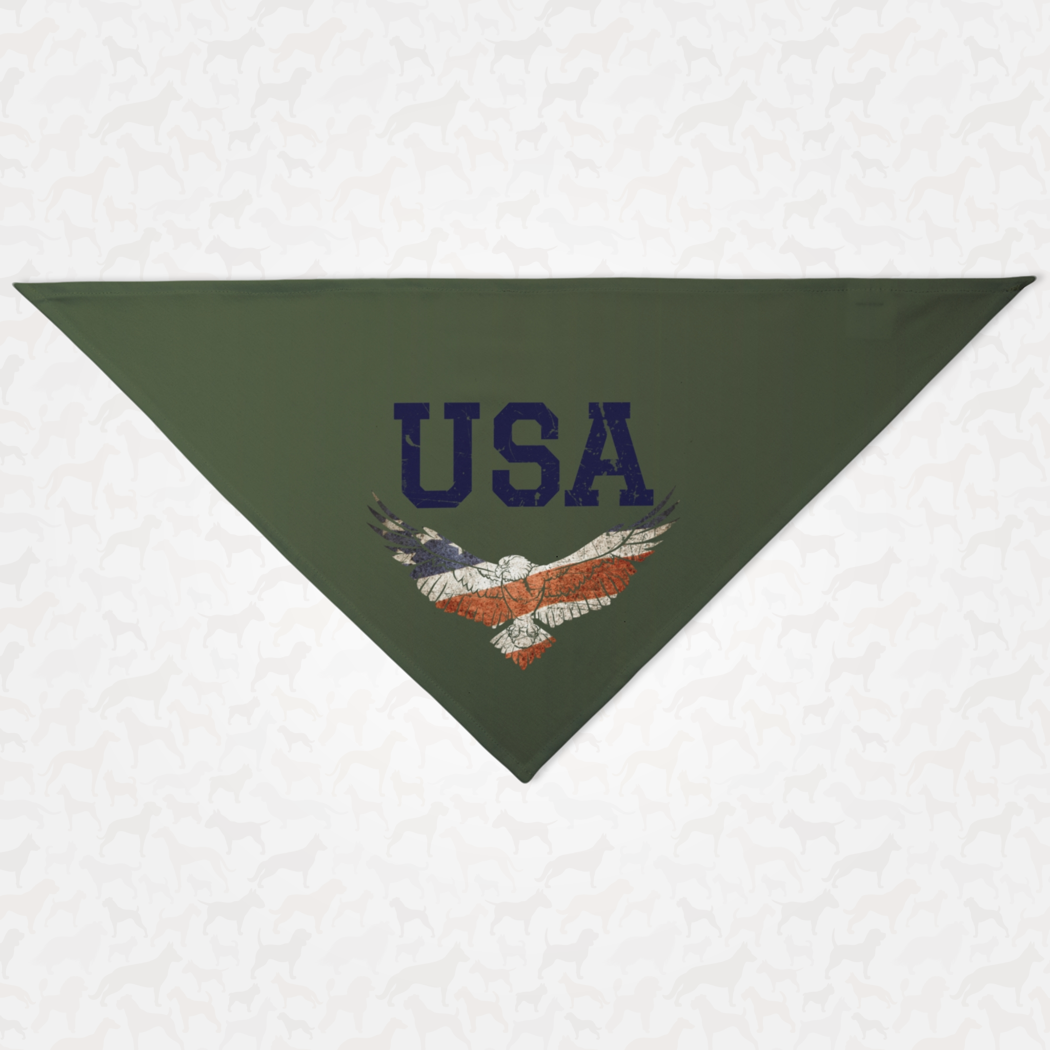 Army green USA dog bandana featuring American flag on bald eagle.