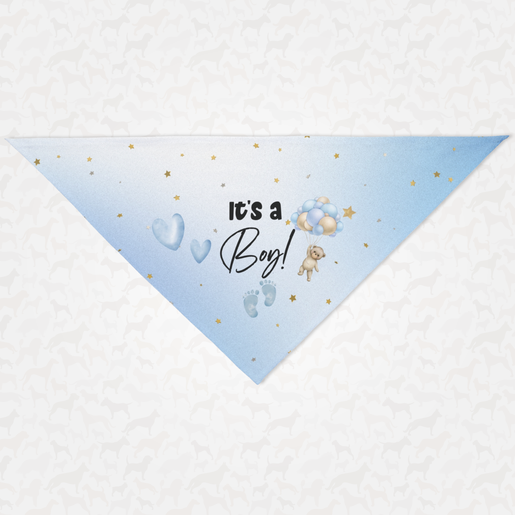 Pregnancy announcement dog bandana for gender reveal saying It's A Boy.