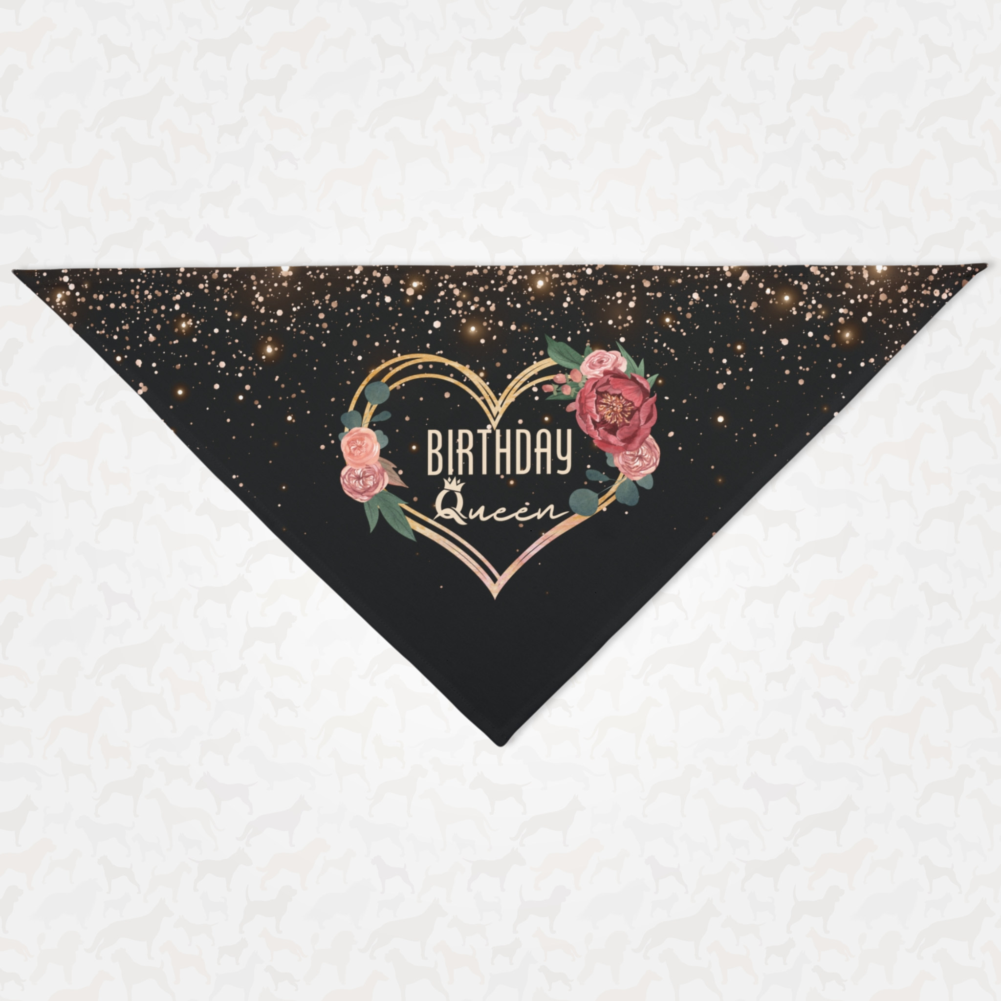 Birthday dog bandana with flowers and glitter saying Birthday Queen.