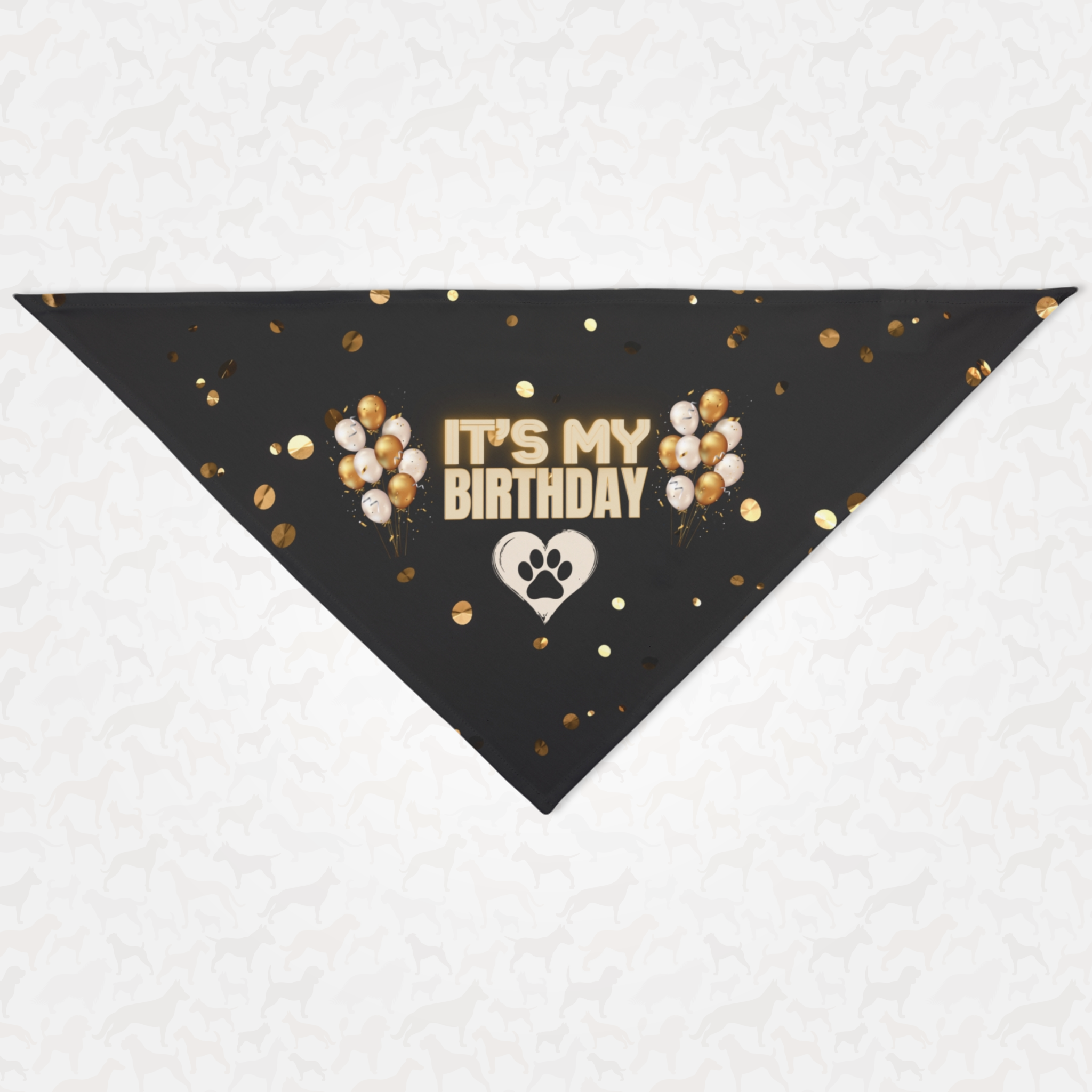 Birthday dog bandana with gold confetti and "It's My Birthday" quote printed on it.