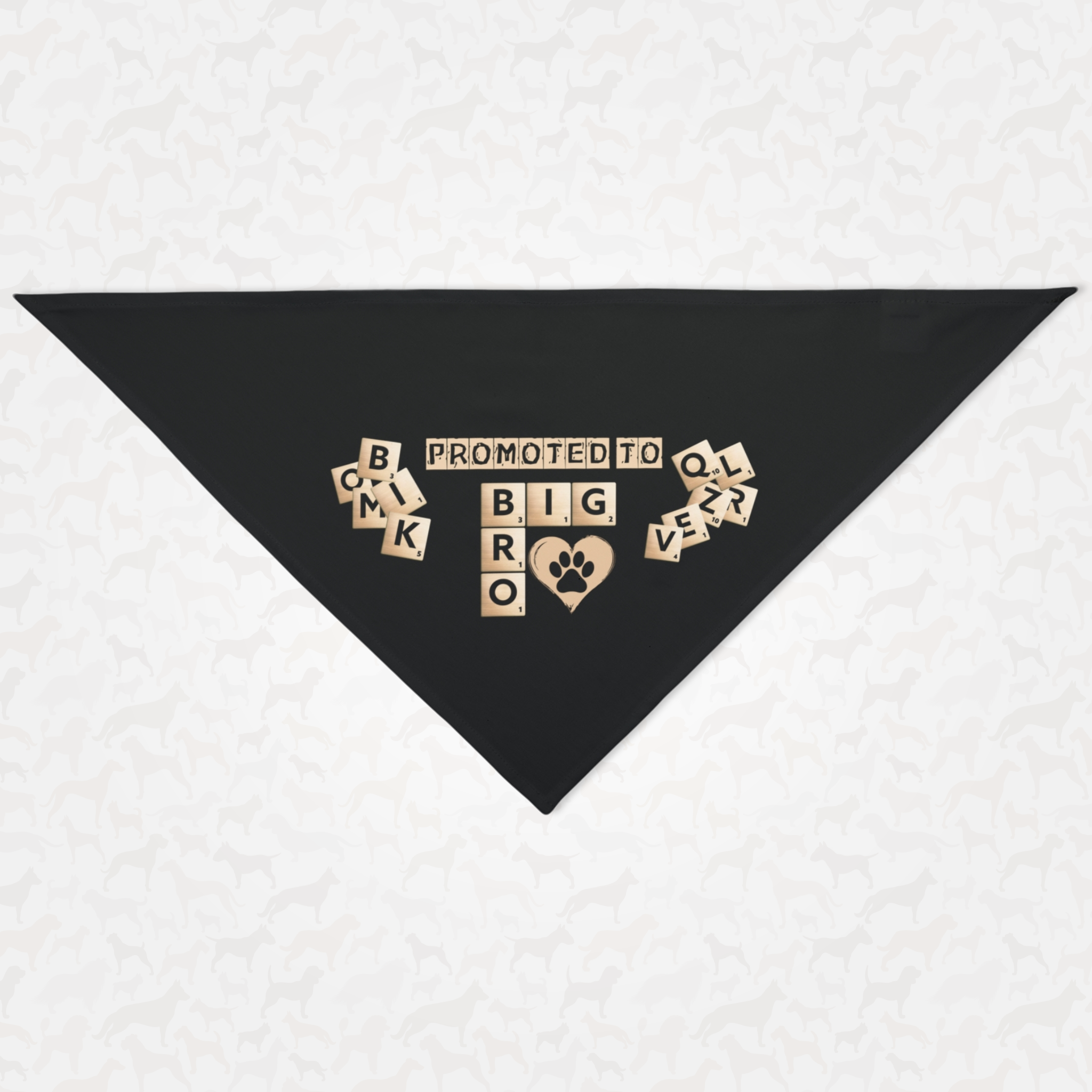 Black dog bandana announcing pregnancy with "Promoted to Big Bro" quote in a scrabble board game style.