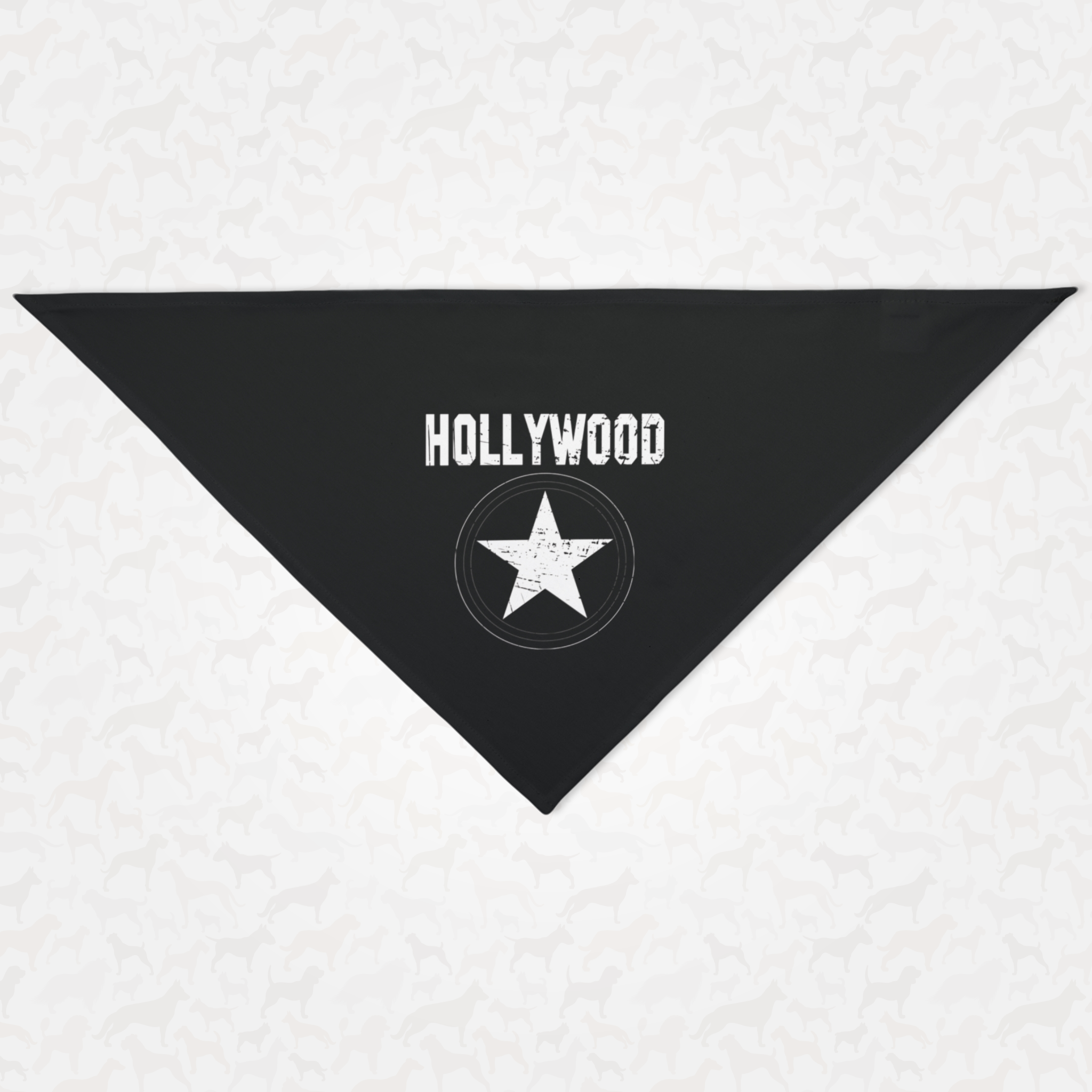 Black dog bandana saying "Hollywood" with a star graphic in a distressed look.