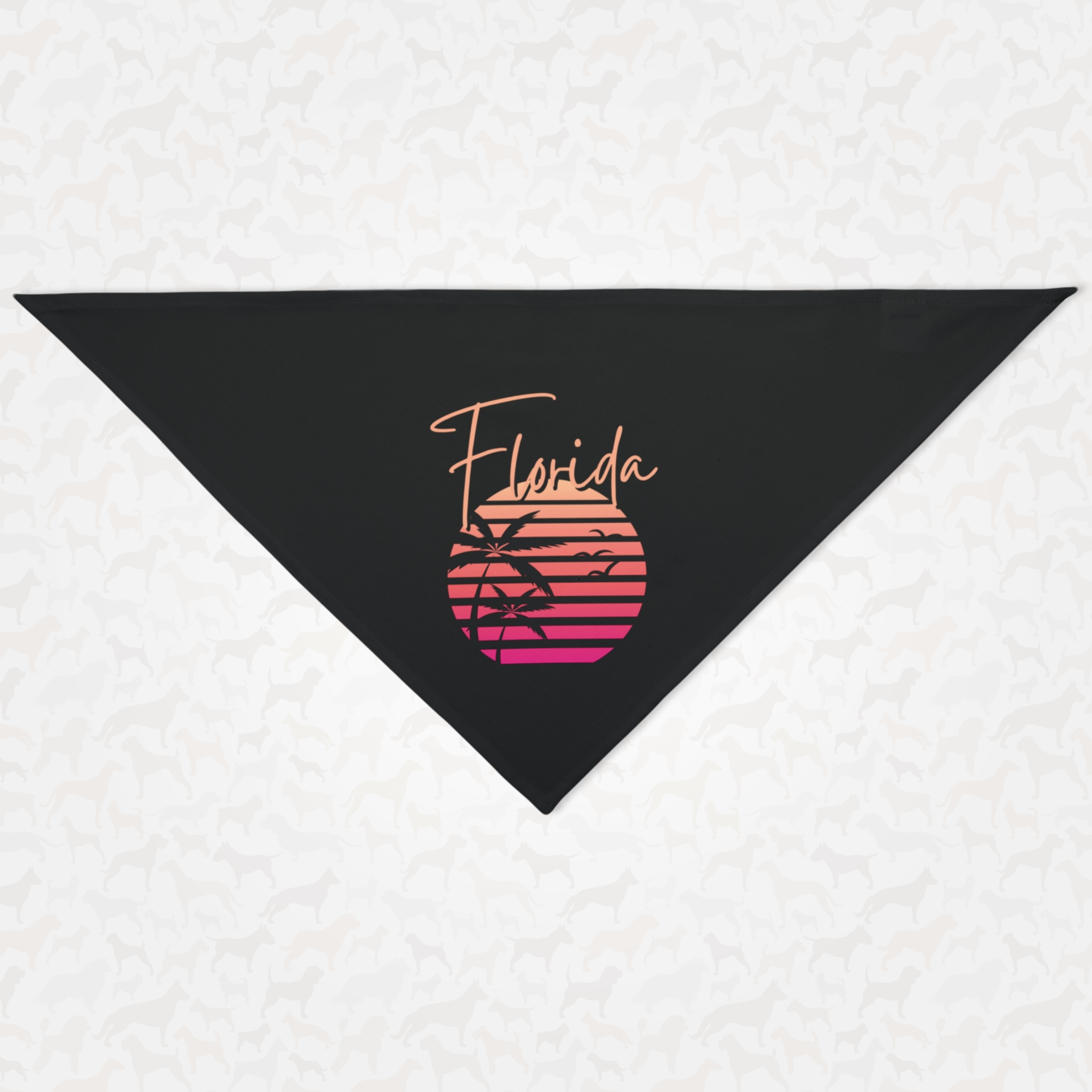 Black dog bandana with retro palm tree sunset graphic saying "Florida" in cursive font style.
