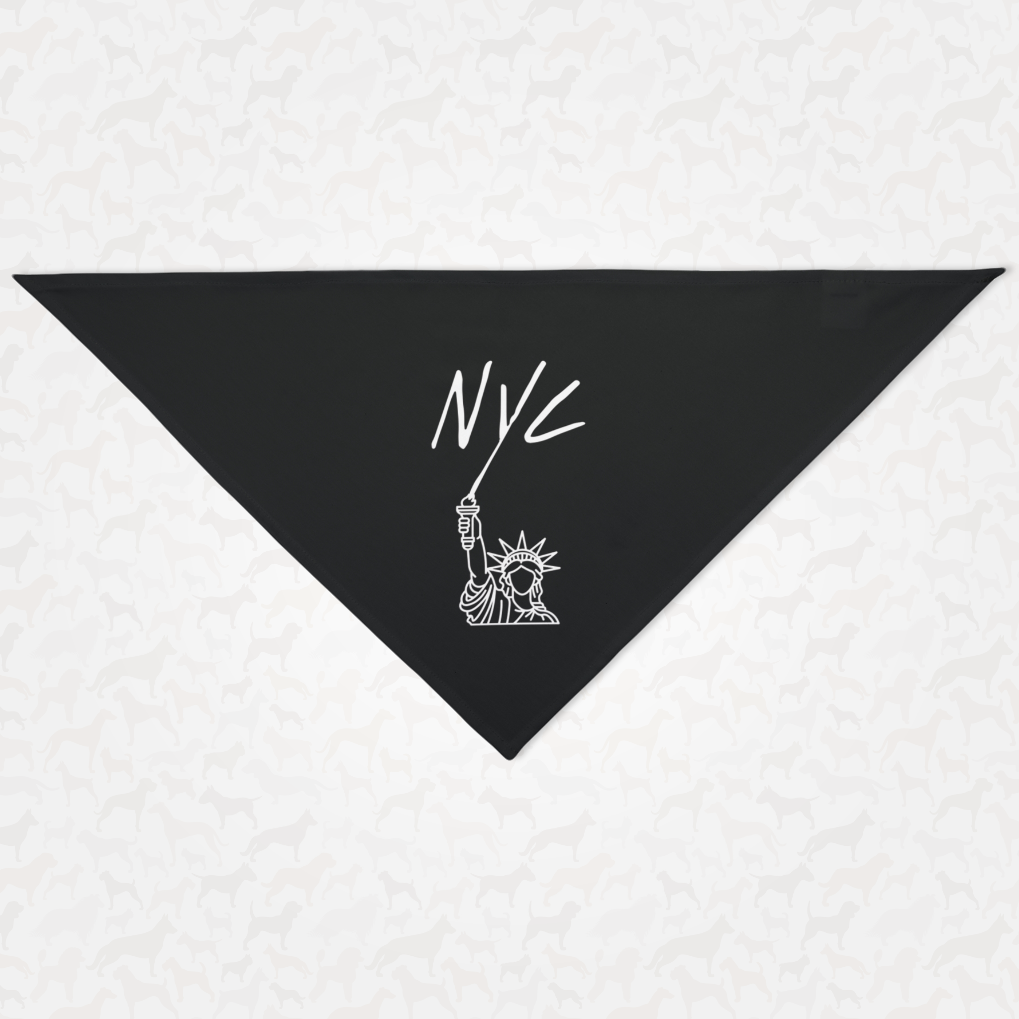 Black New York City dog bandana featuring a Statue of Liberty graphic with NYC text.