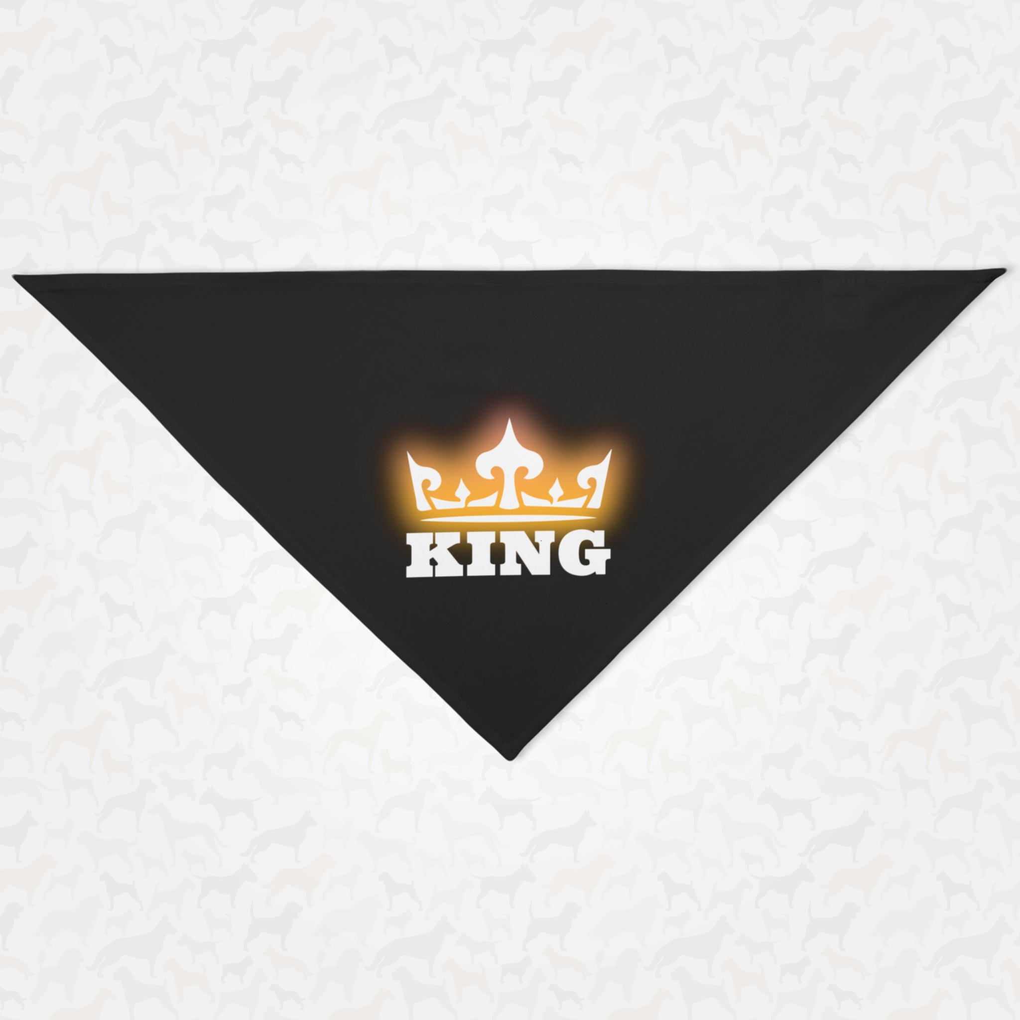 Black royal dog bandana with glowing crown and "King" slogan.
