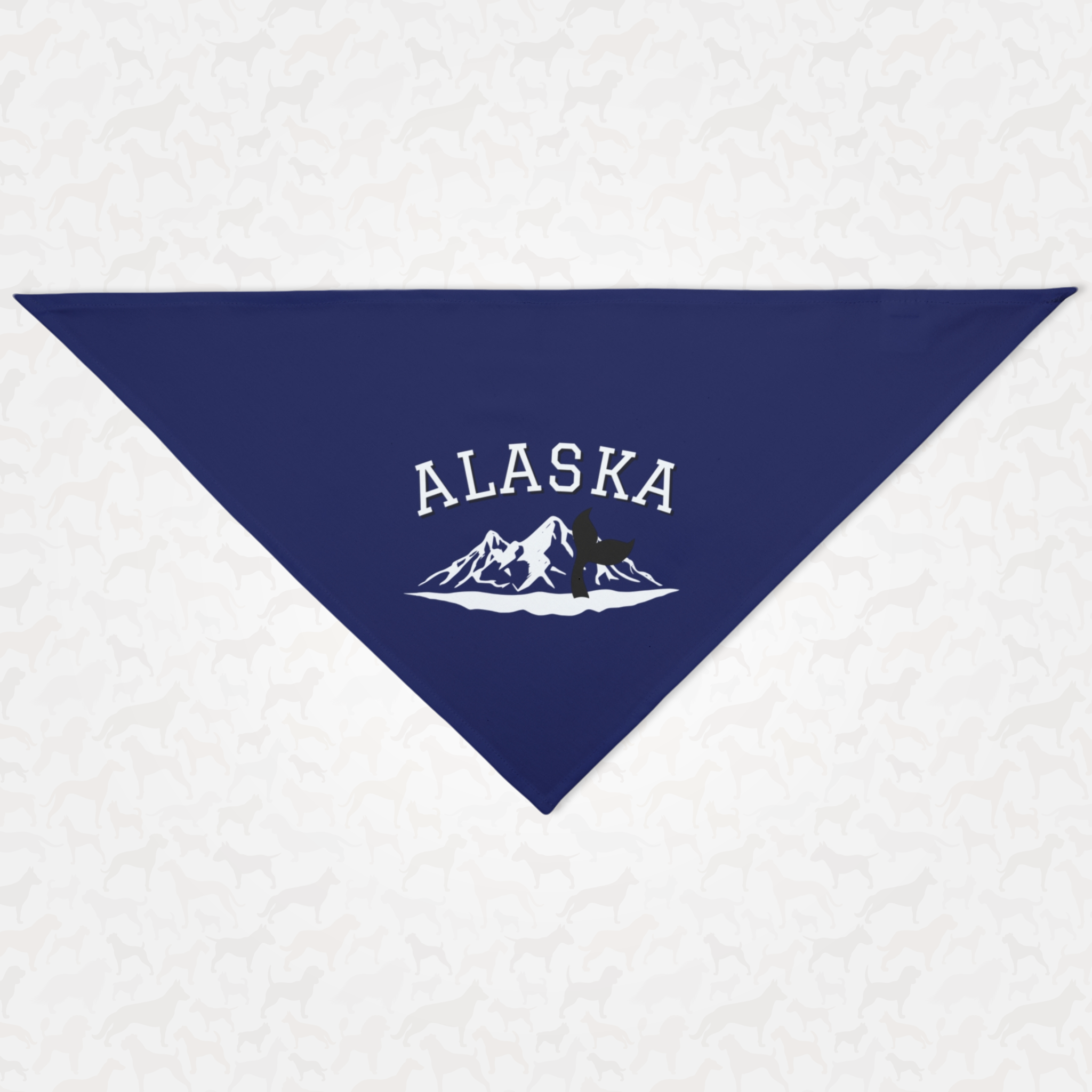 Blue dog bandana saying "Alaska" along with a mountain and ocean whale graphic.