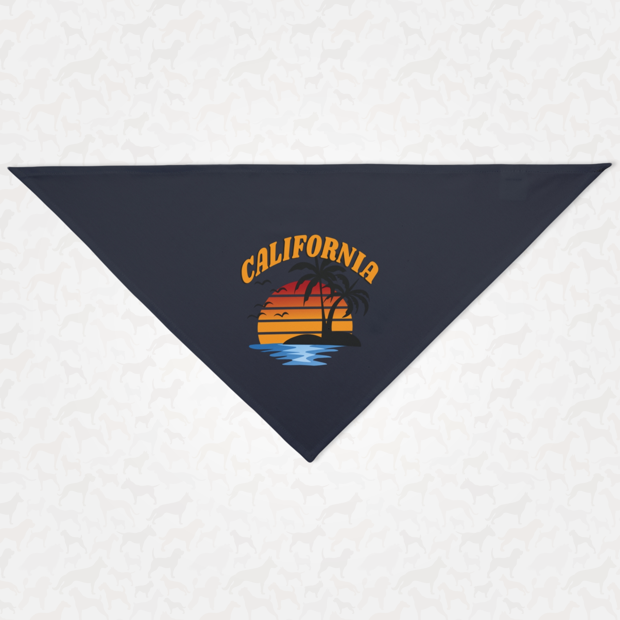 Blue dog bandana with a retro beach sunset graphic saying California.