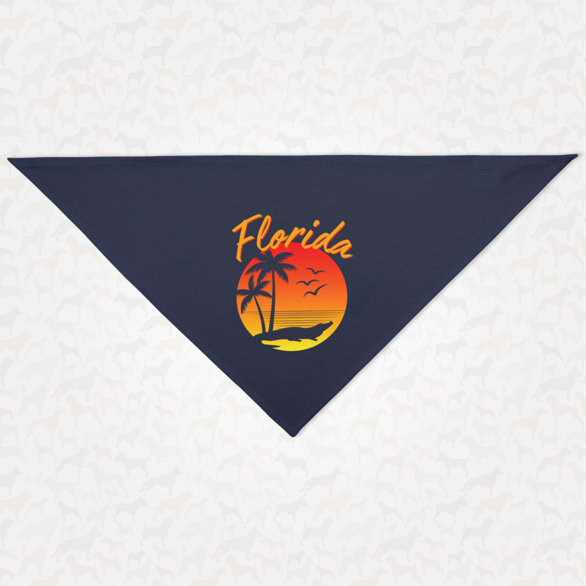 Blue Florida dog bandana featuring a beach sunset graphic.