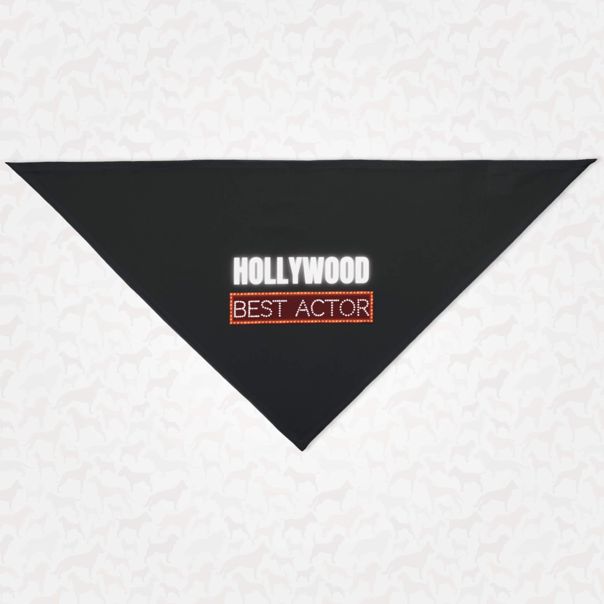 Dog Bandana with a Hollywood Best Actor logo printed on it.