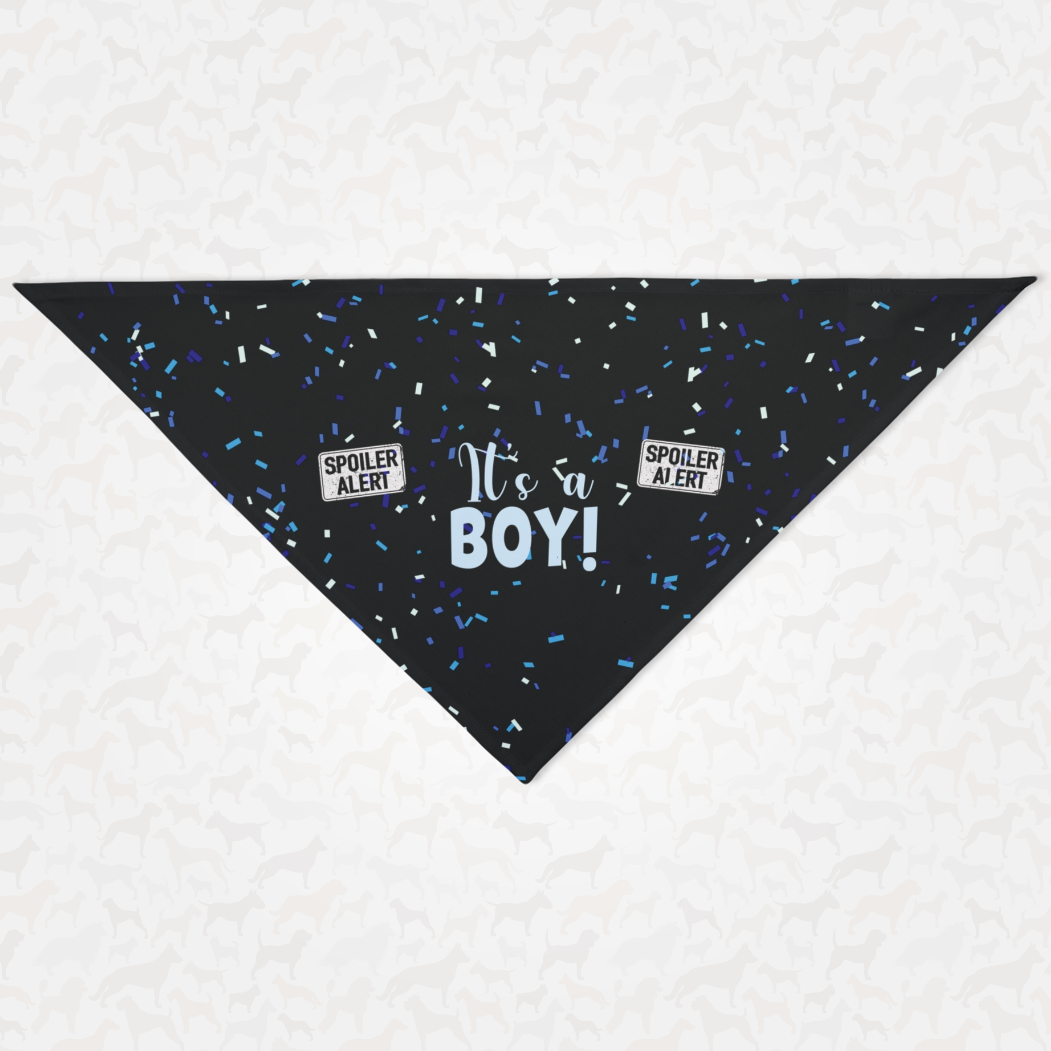 Cute and funny pregnancy announcement dog bandana for gender reveals saying "Spoiler Alert. It's A Boy."