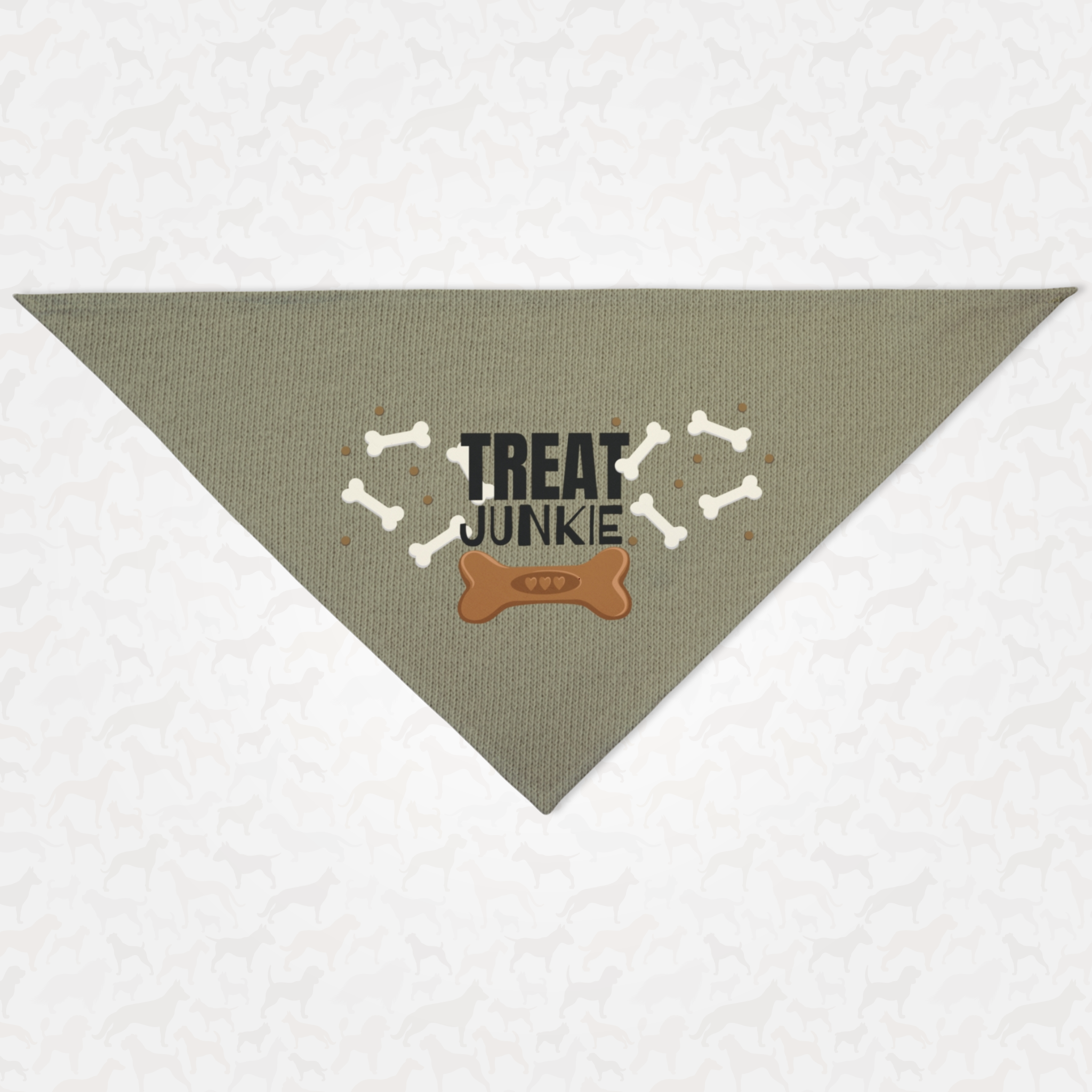 Cute and funny dog scarf with bones graphics saying Treat Junkie.