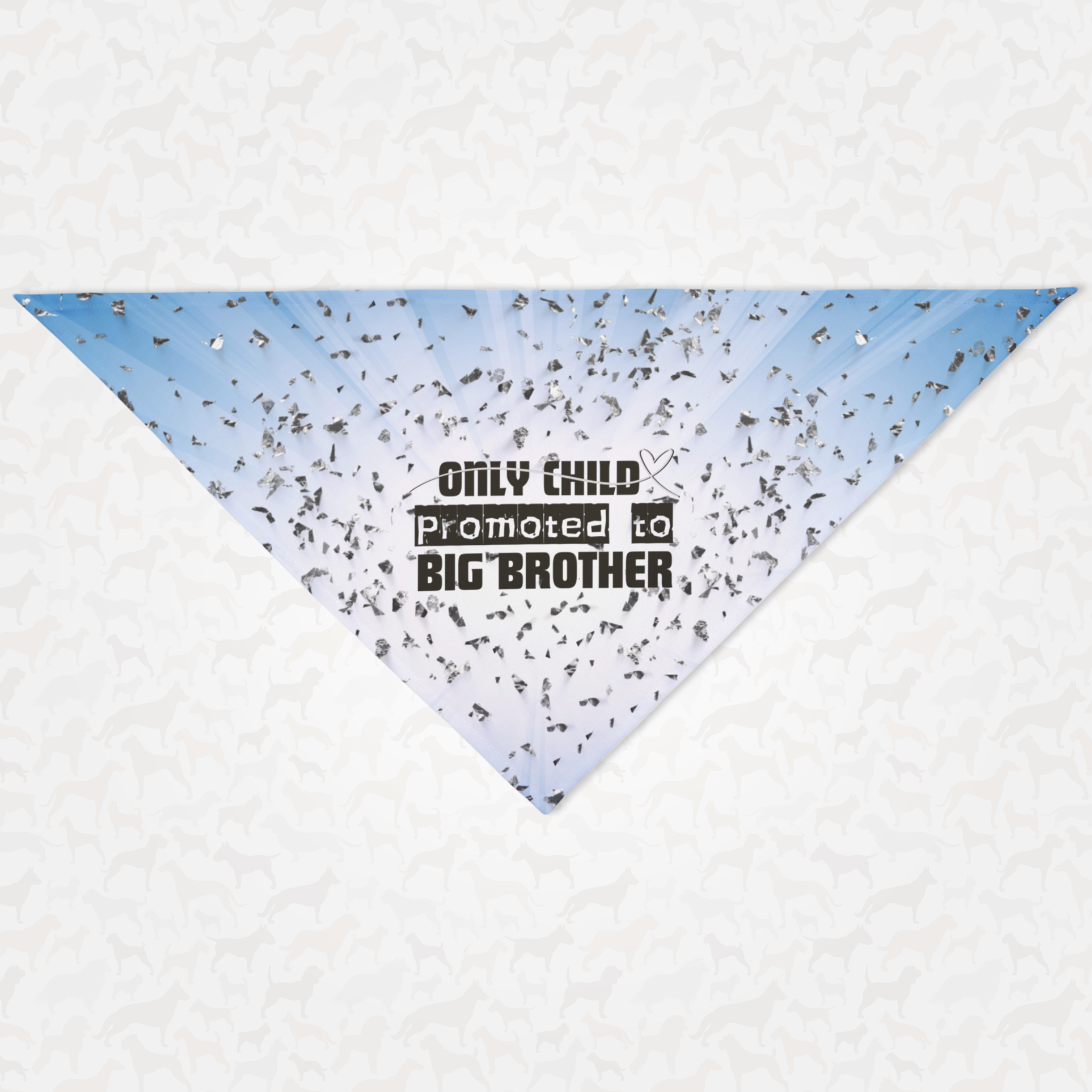 Cute blue dog bandana announcing pregnancy with glow and confetti print effect saying Only Child Promoted To Big Brother.