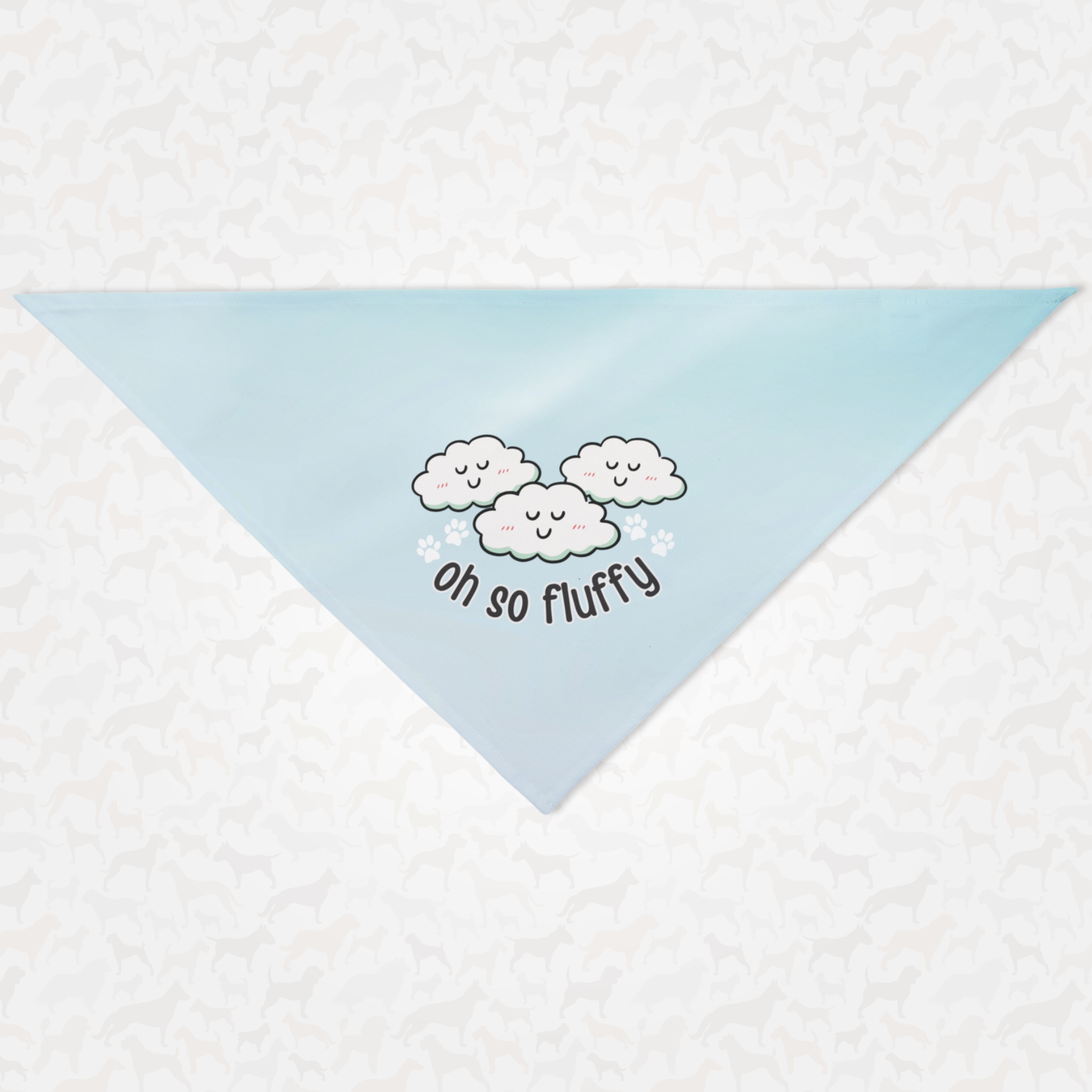 Cute blue dog bandana with clouds graphic and "Oh So Fluffy" quote.