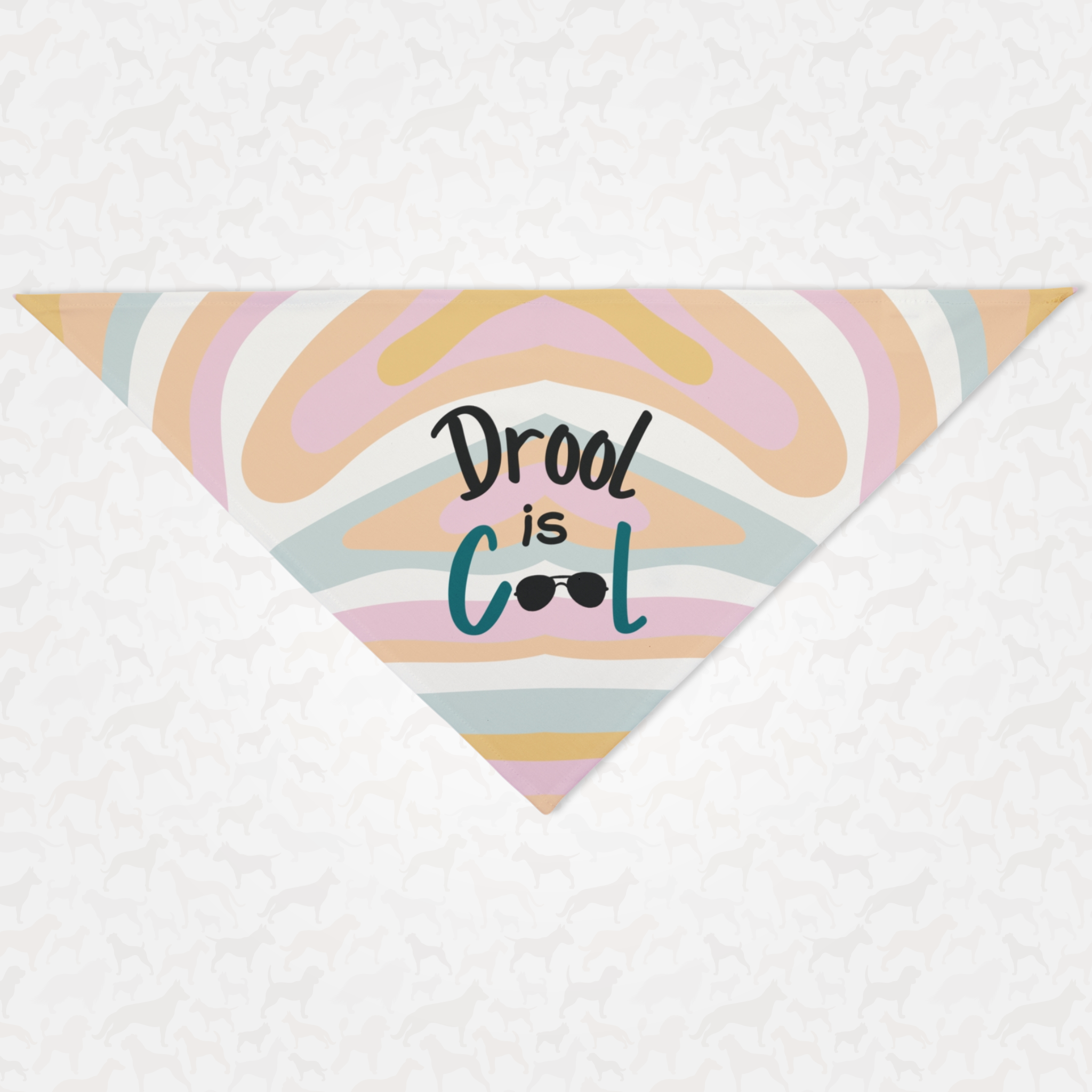 Cute color pattern dog bandana with "Drool Is Cool" funny quote.