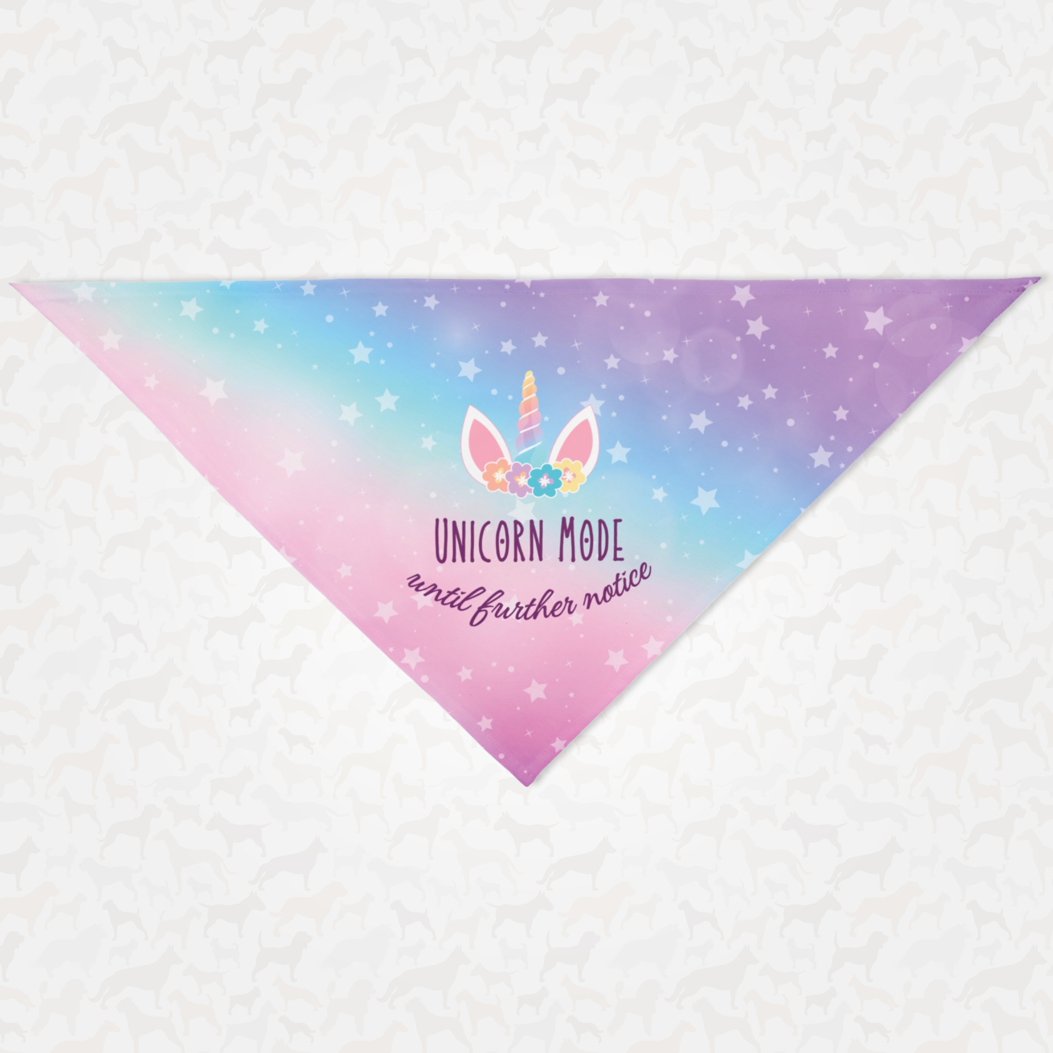 Cute and colorful dog bandana with funny "Unicorn Mode" text on it.