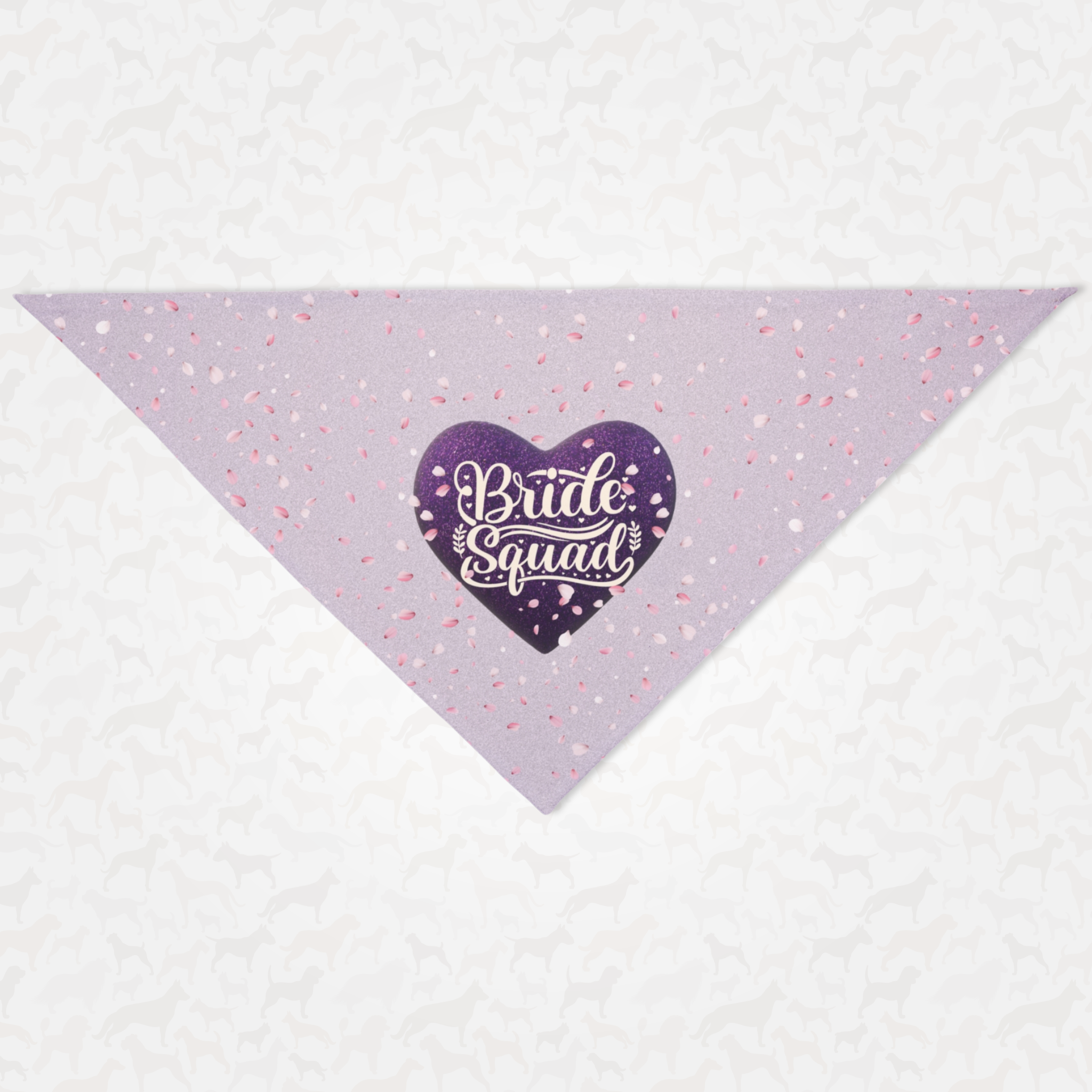 Cute dog bandana for wedding featuring a heart and flower petals saying Bride Squad.