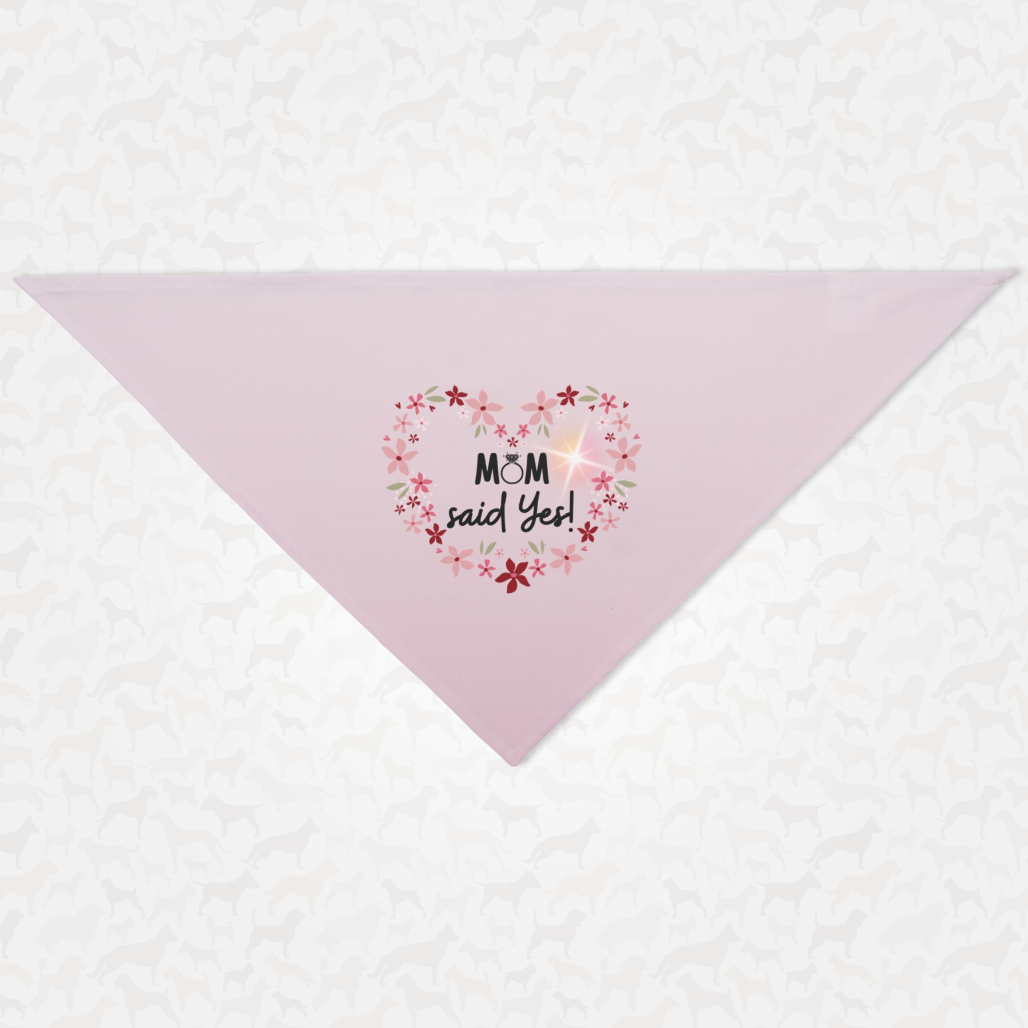 Cute dog bandana for wedding with flower heart frame graphic saying "Mom said 'Yes!'"