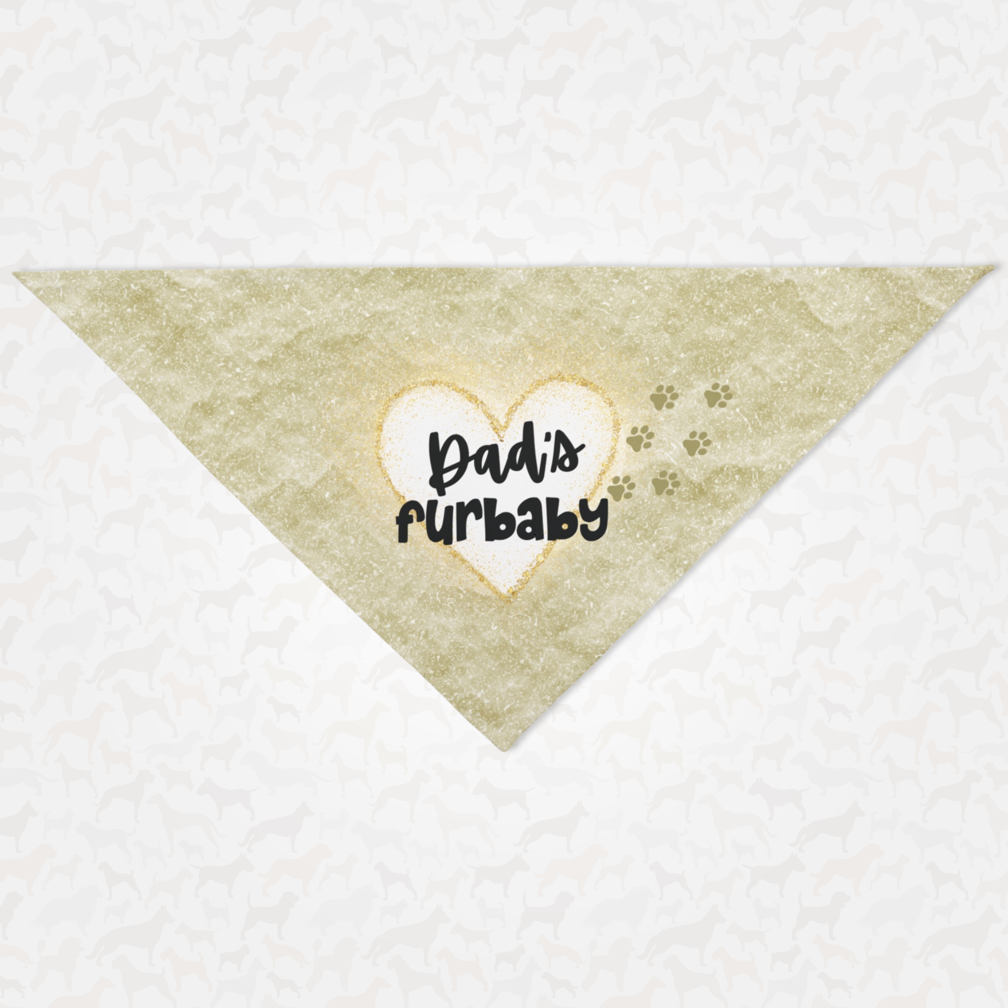 Cute dog bandana with grunge background and glitter heart graphic saying Dad's Furbaby.