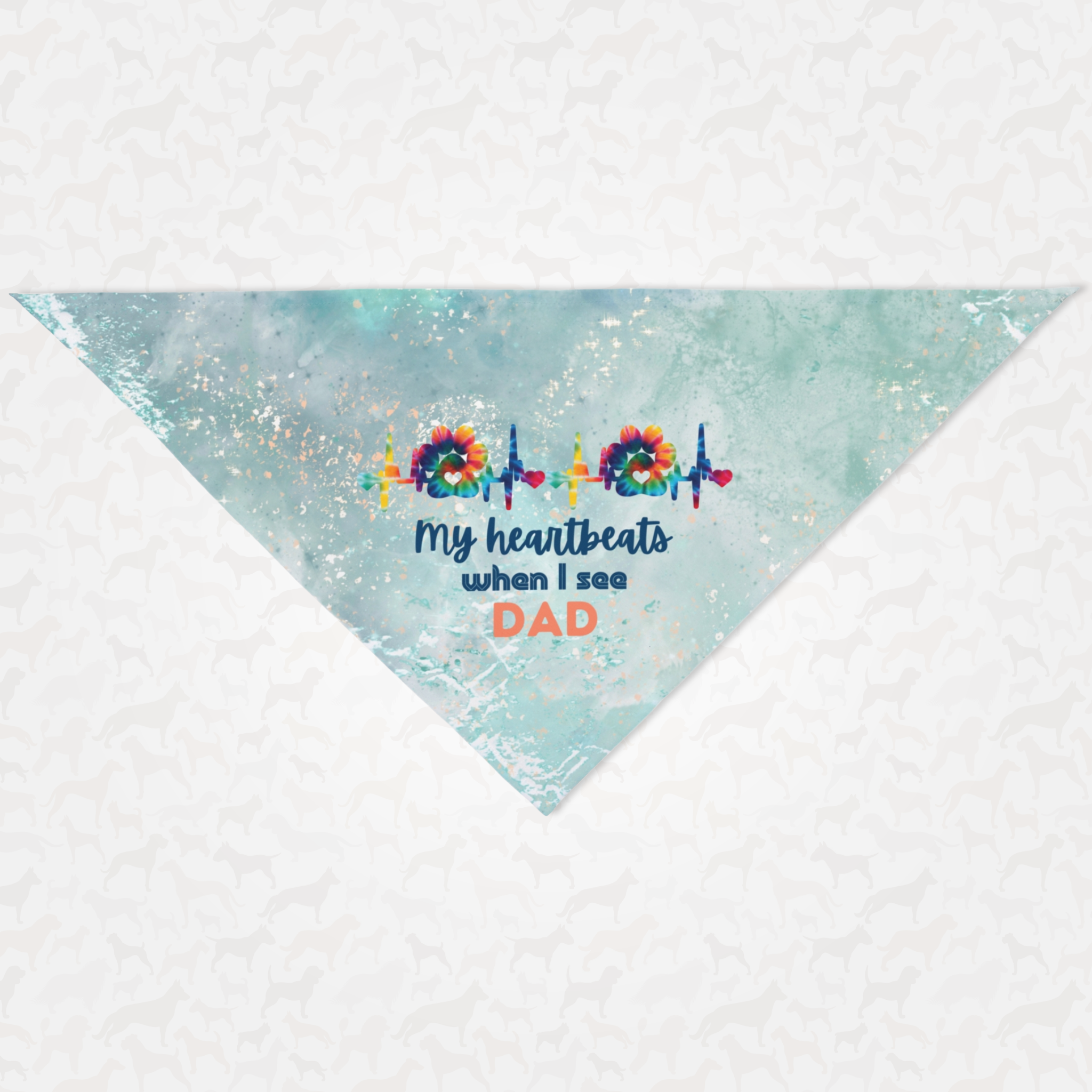 Cute dog bandana that has a seawater background print featuring a paw heartbeat graphic and My Heartbeats When I See Dad quote.