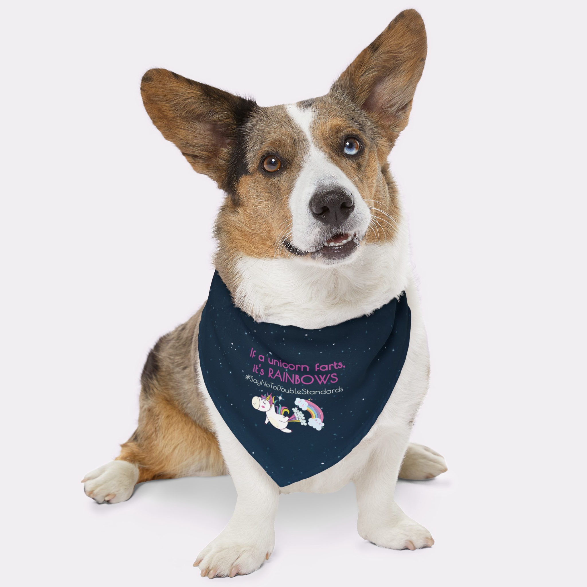 Cute dog wearing funny bandana saying "If A Unicorn Farts, It's Rainbows."