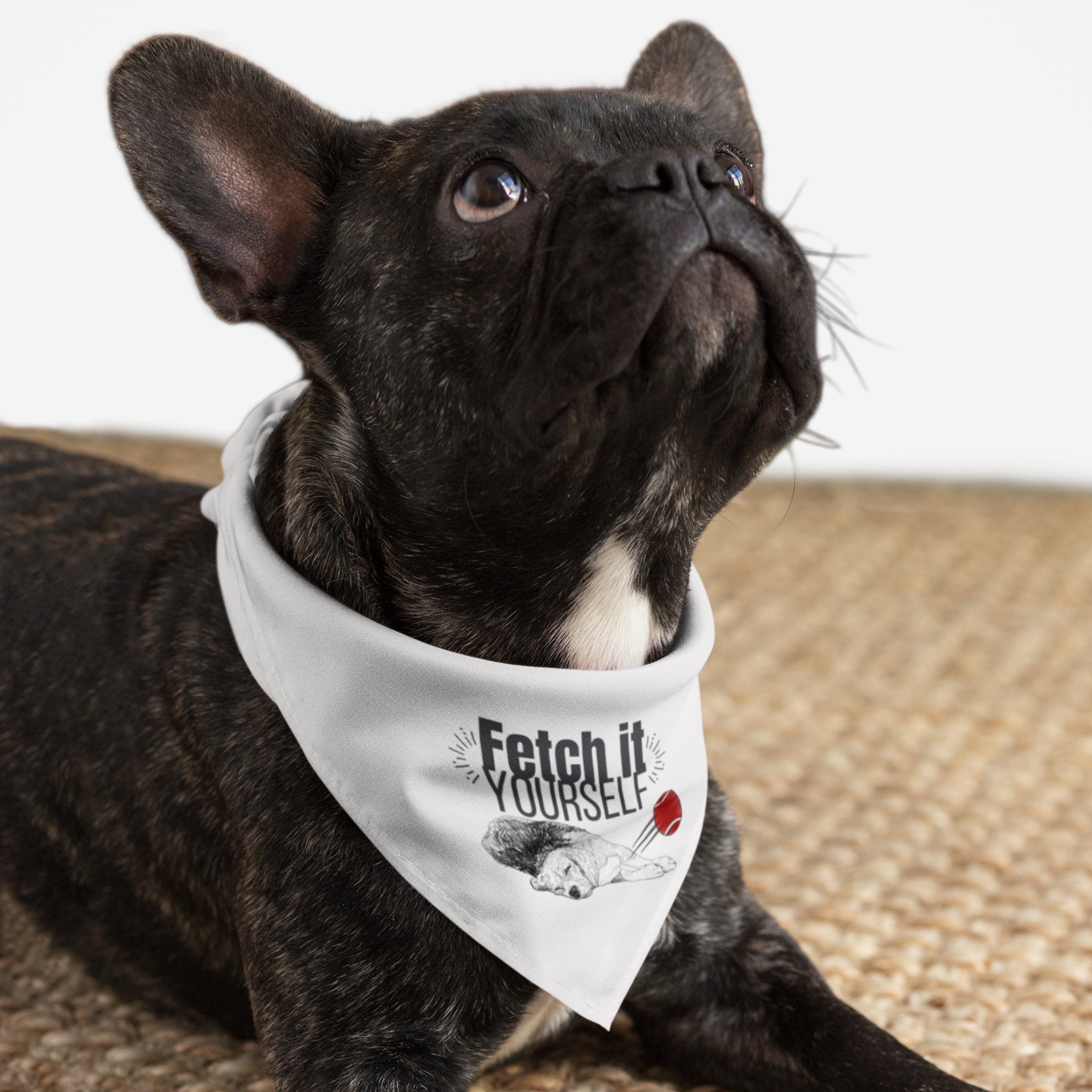 Cute dog wearing funny white bandana featuring lazy dog graphic saying Fetch It Yourself.