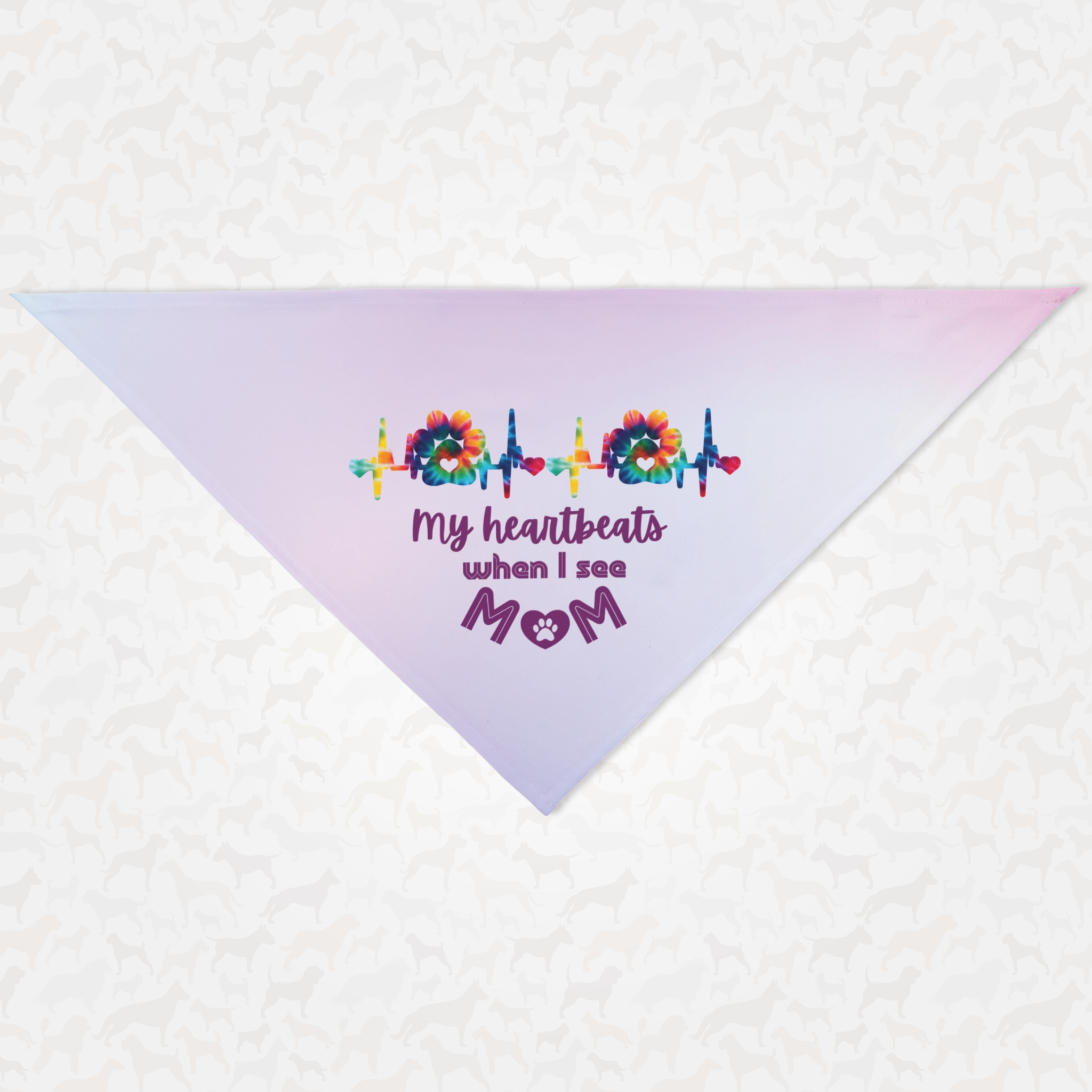 Cute pink dog bandana featuring paw heartbeat graphic saying My Heartbeats When I See Mom.