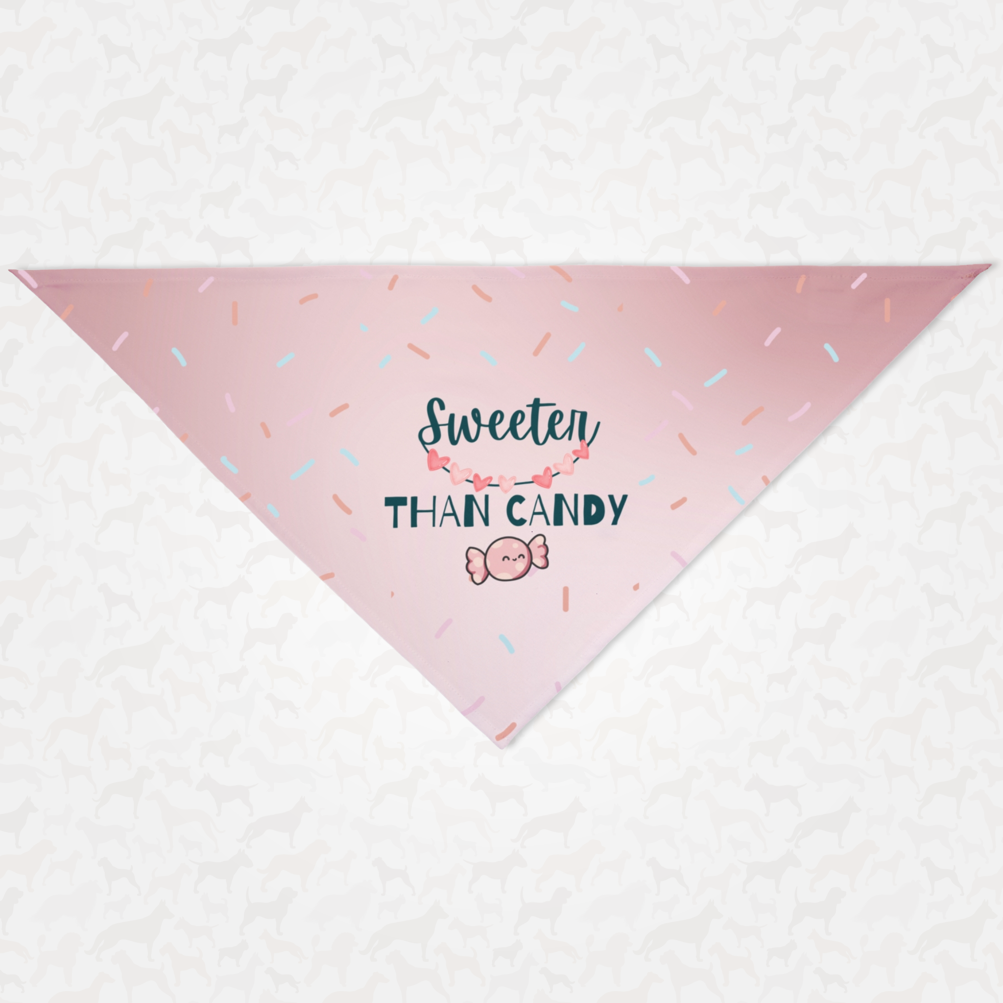 Cute pink dog bandana saying Sweeter Than Candy.