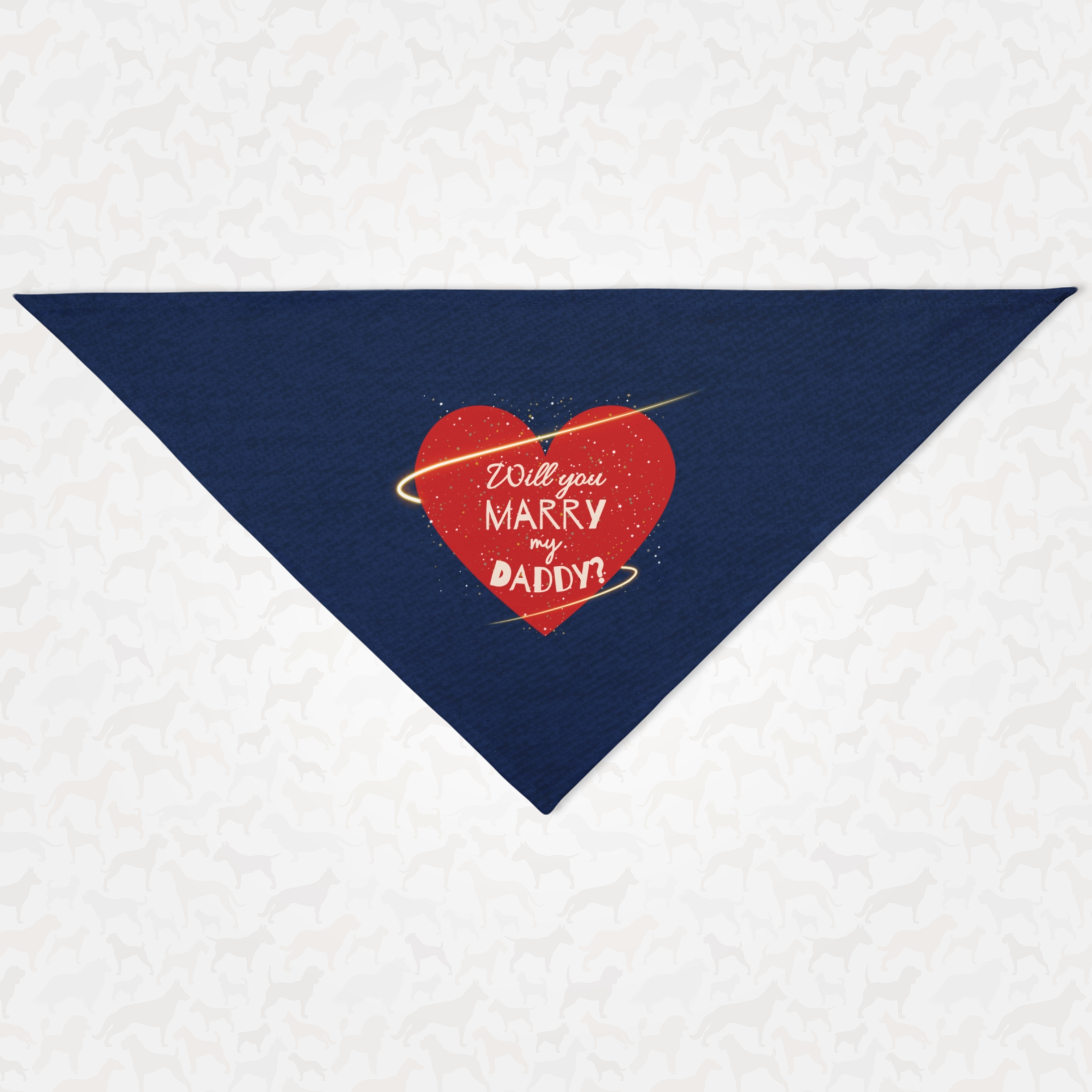 Cute proposal dog bandana with denim style print and red heart graphic saying "Will You Marry My Daddy?"