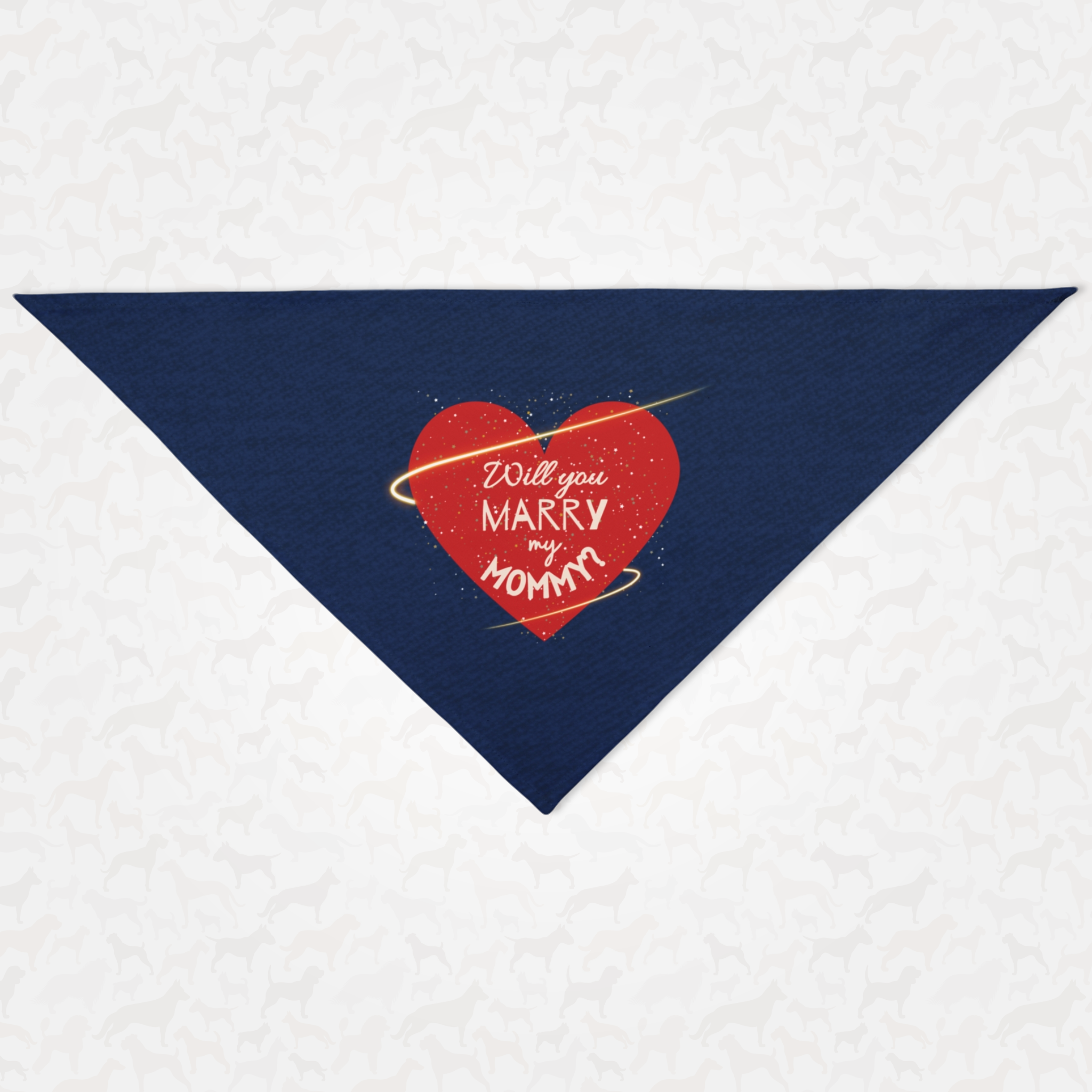 Cute proposal dog bandana with denim style print and red heart graphic saying "Will You Marry My Mommy?"