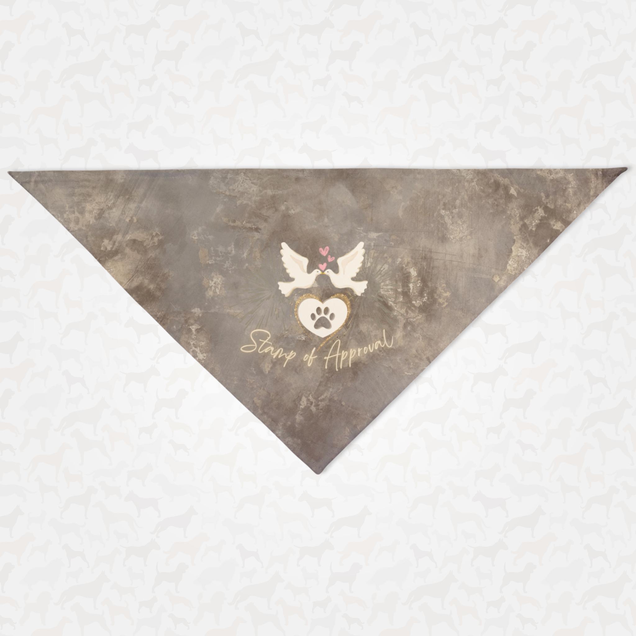 Cute wedding dog bandana featuring wedding doves graphic and "Stamp of Approval" quote.
