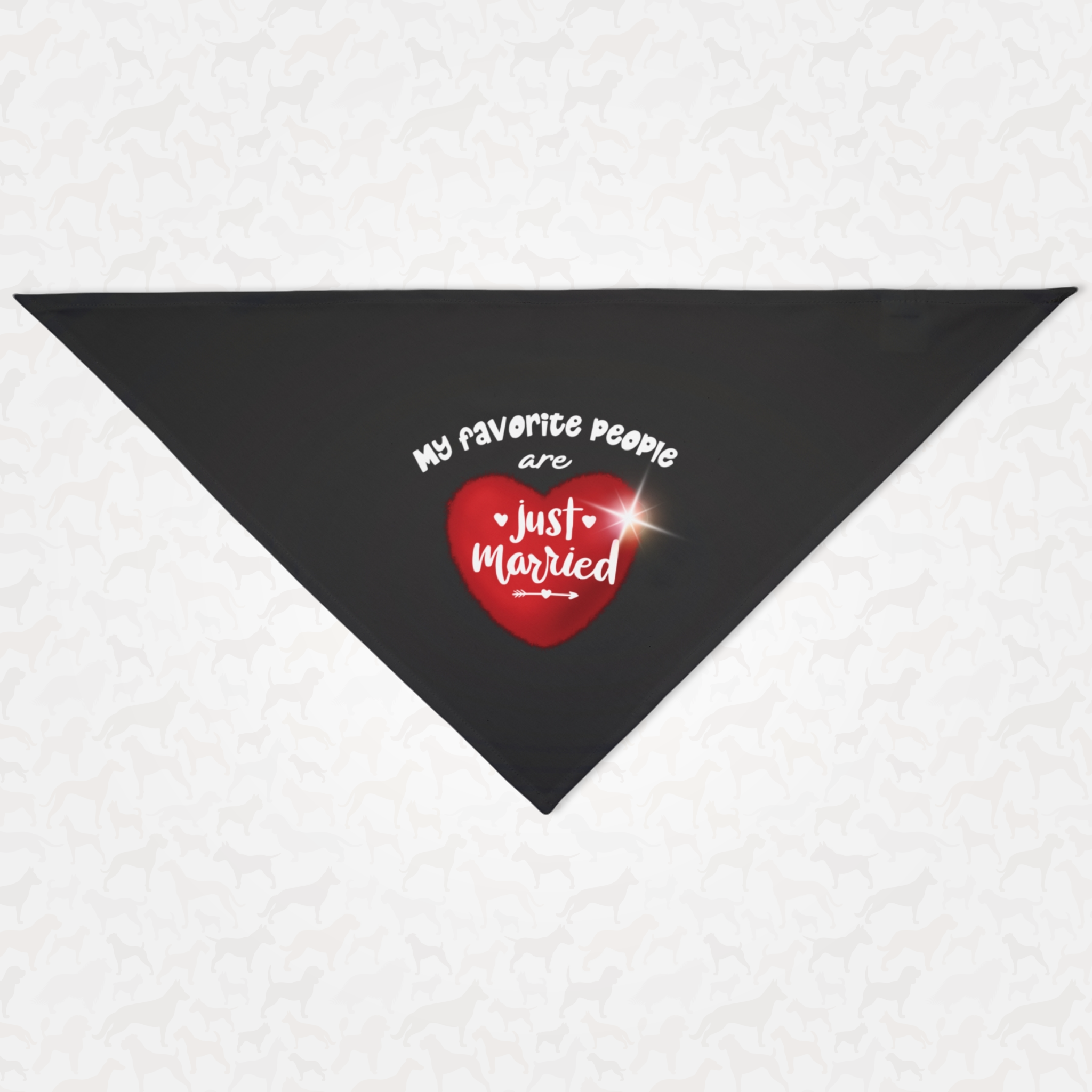 Cute wedding dog bandana with red heart graphic saying My Favorite People Are Just Married.