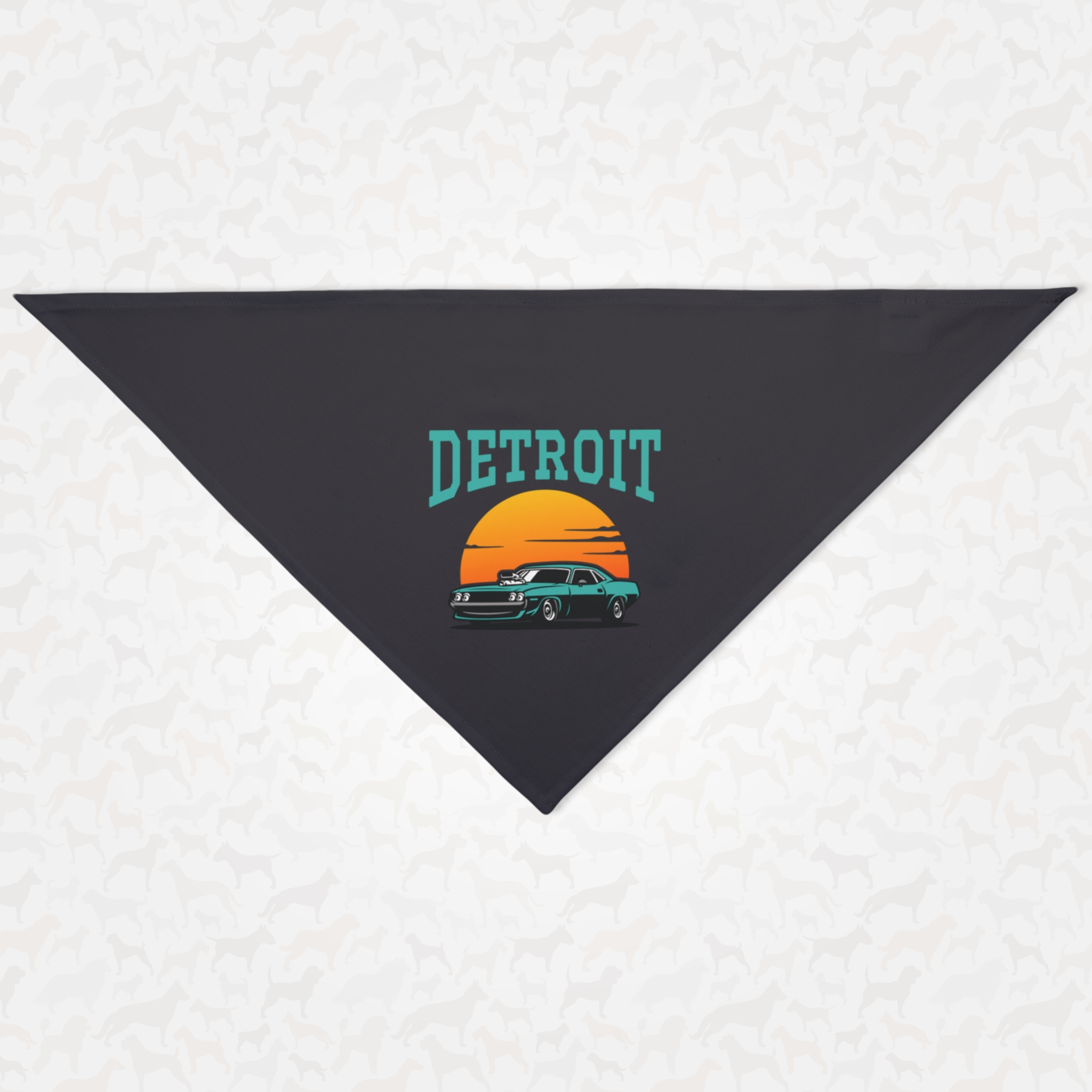 Detroit motor city tribute dog bandana featuring retro American muscle car graphic.