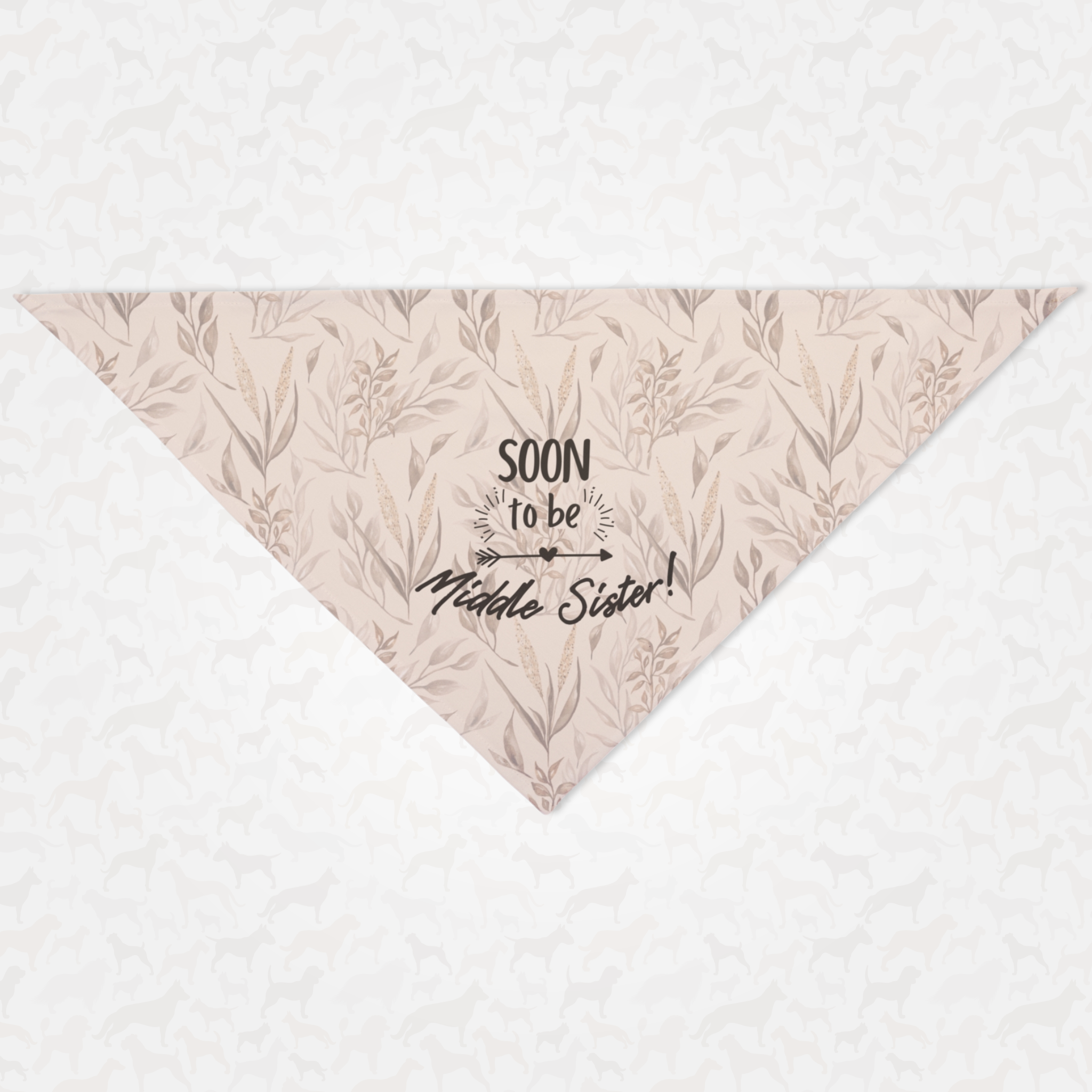 Dog bandana announcing pregnancy with floral pattern background and "Soon to Be Middle Sister" quote.