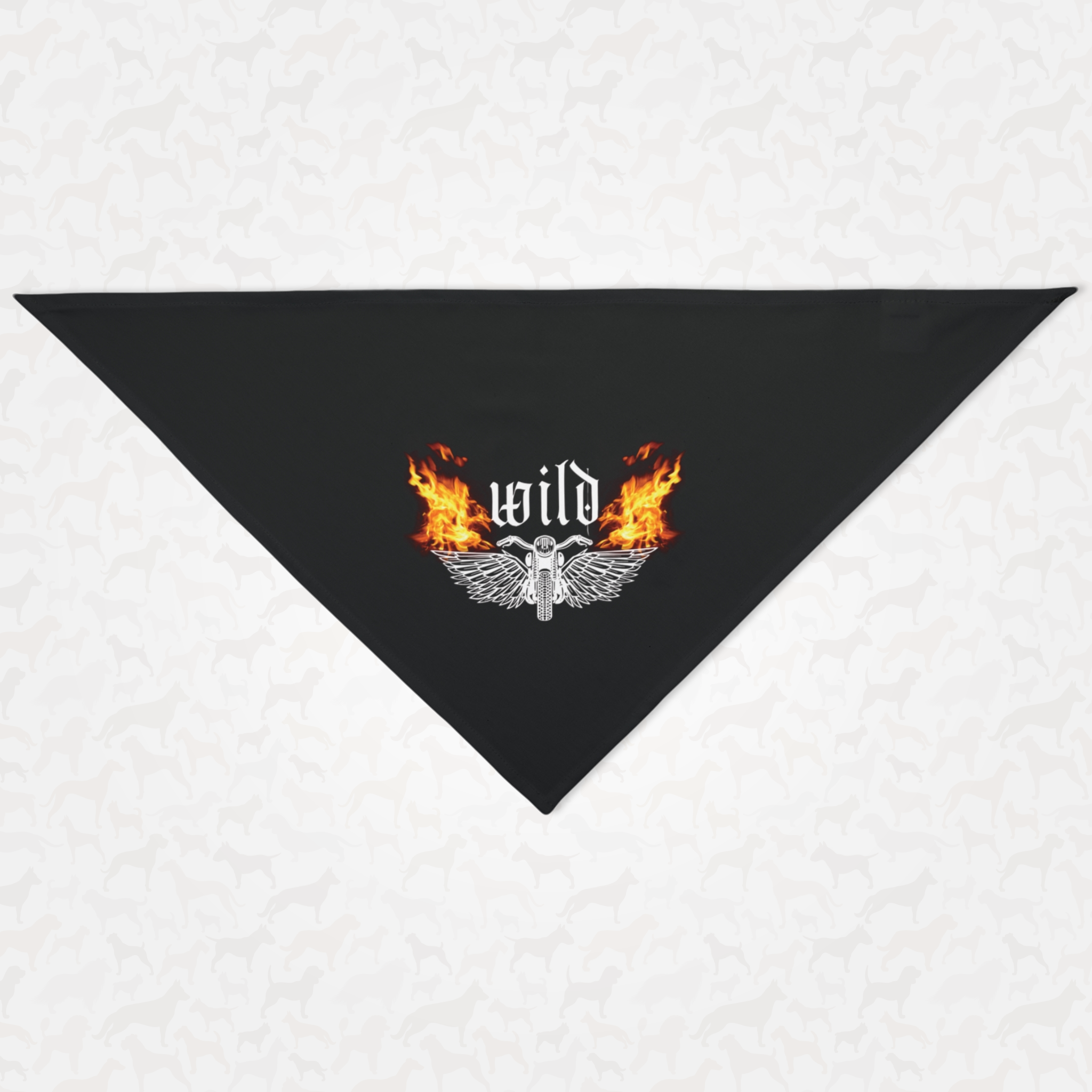 Dog bandana featuring bike with flames graphic and "Wild" slogan.