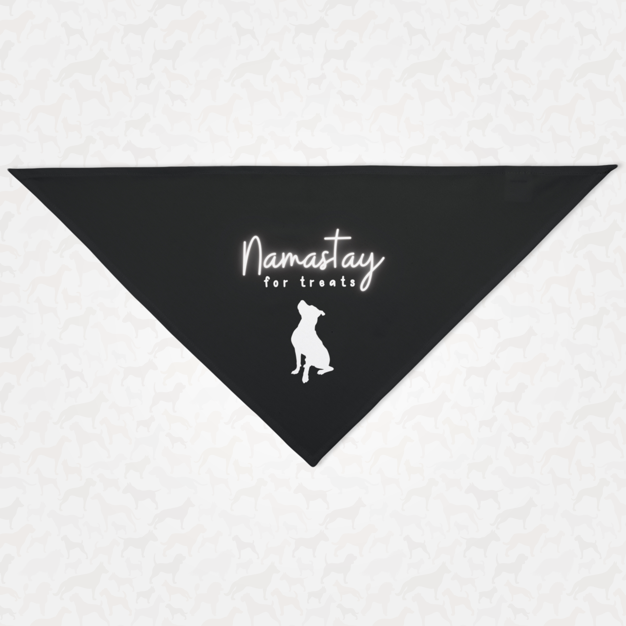Funny dog bandana for yoga lovers with "Namastay For Treats" pun.