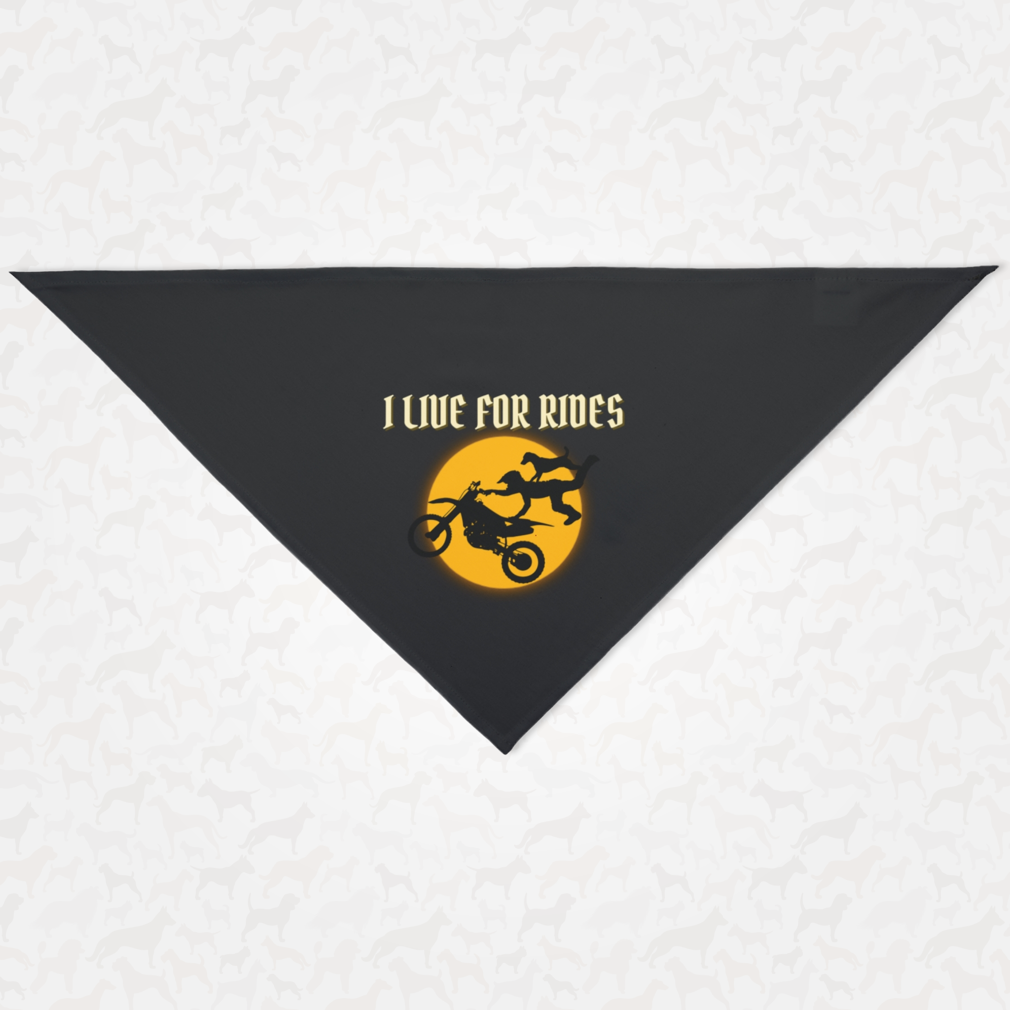 Dog bandana with I Live For Rides quote printed on it.