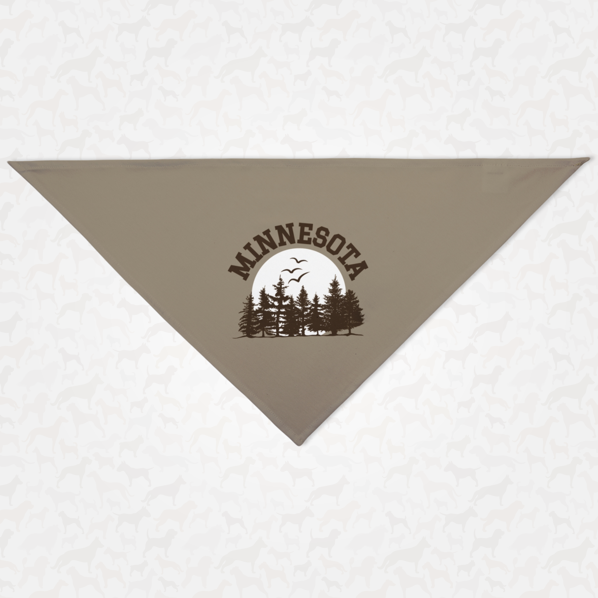 Dog bandana saying "Minnesota" along with a nature tree line graphic.