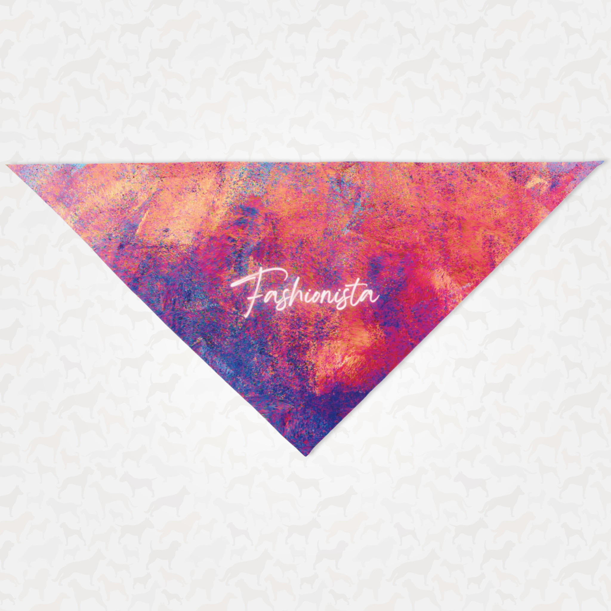 Stylish and colorful dog bandana saying Fashionista.