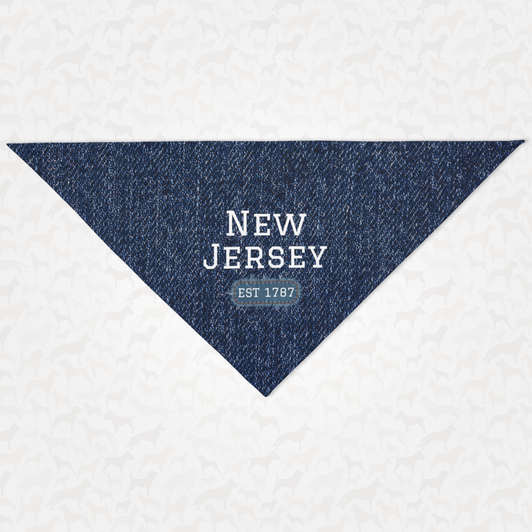Dog bandana with denim style print saying New Jersey Est 1787.