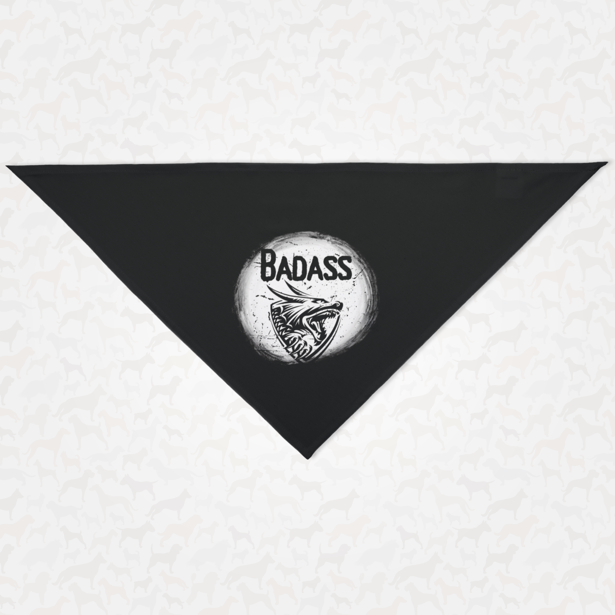 Dog bandana with dragon graphic and Badass slogan with grunge effect.