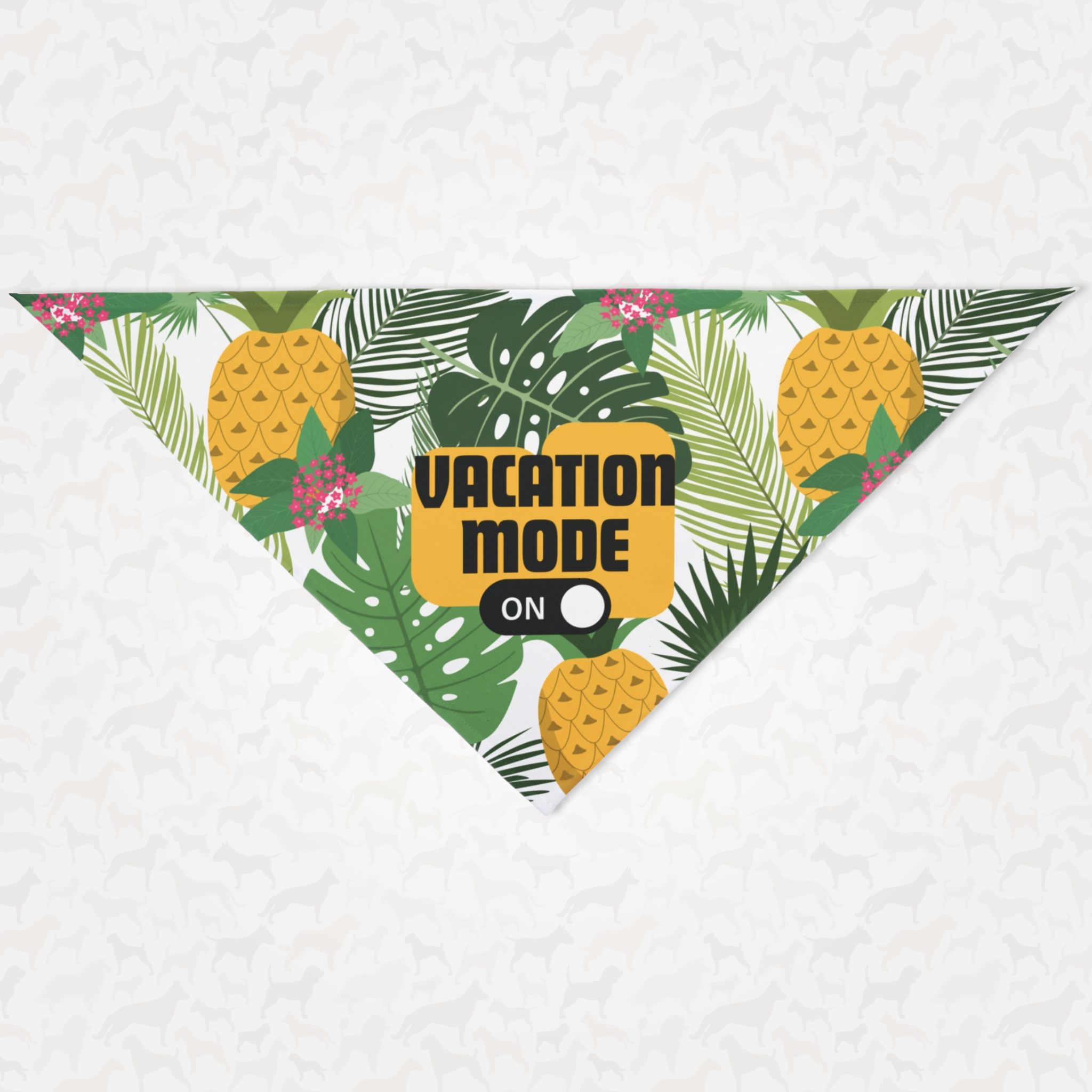 Dog bandana with exotic background print saying "Vacation Mode On" perfect for travel.