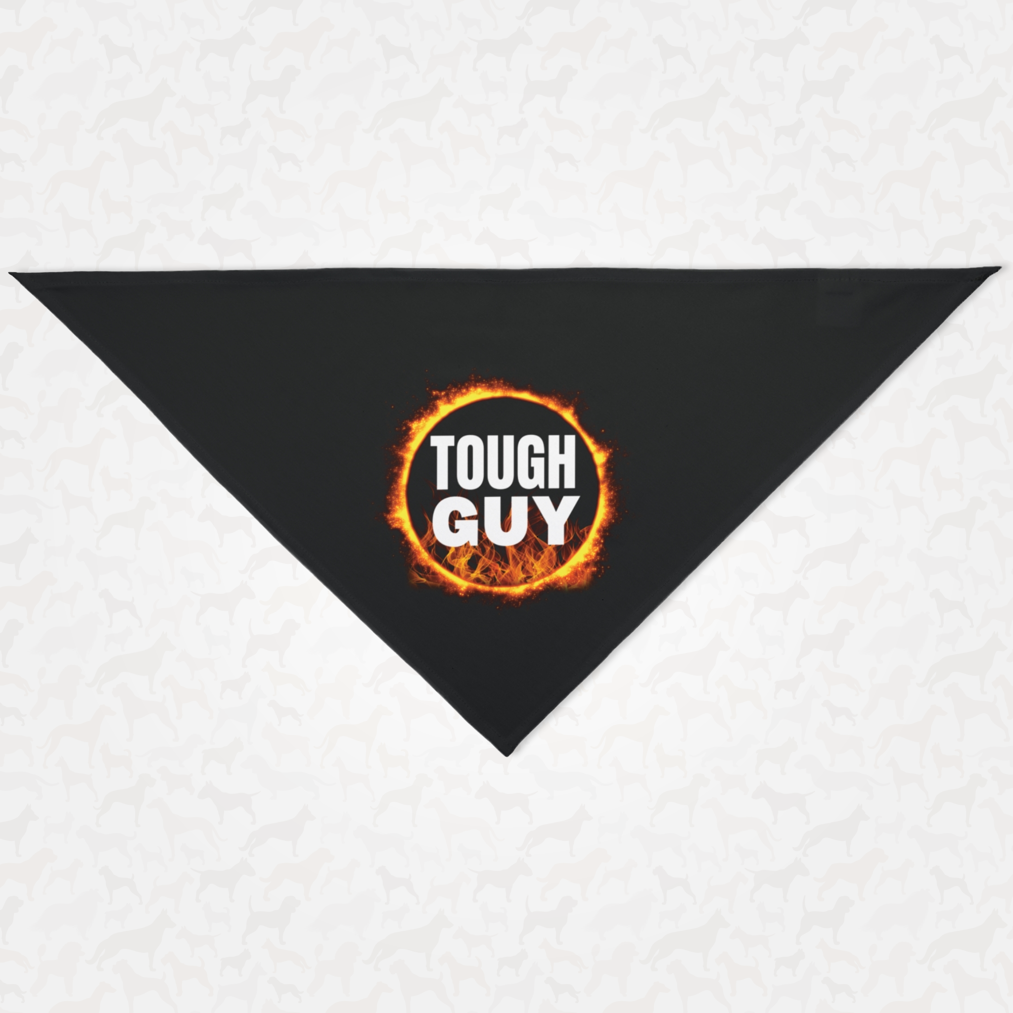 Dog bandana with fire graphic and "Tough Guy" text.