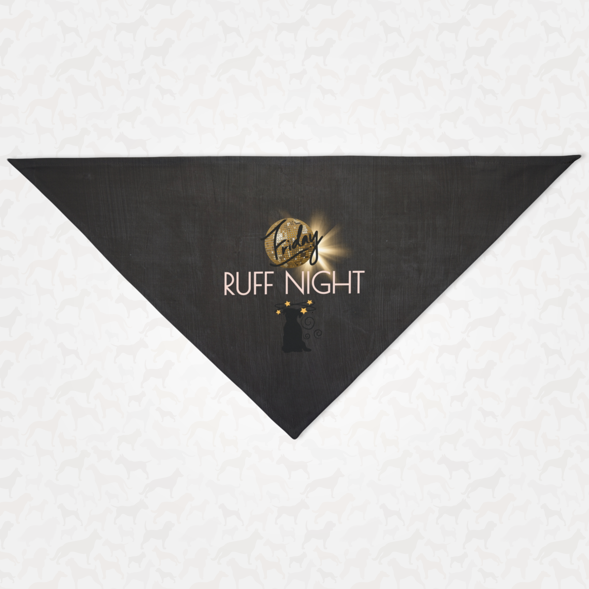 Dog bandana with funny pun saying Ruff Night.
