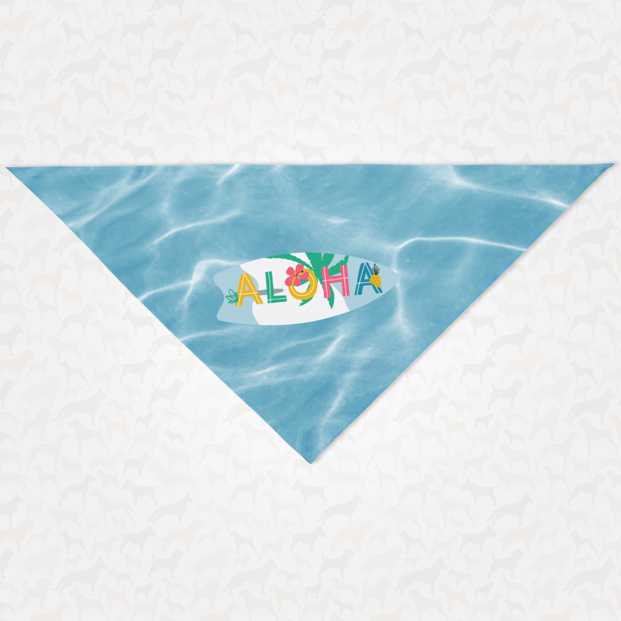Dog bandana with sea background print and Aloha text on a surfboard perfect for travel and vacation.