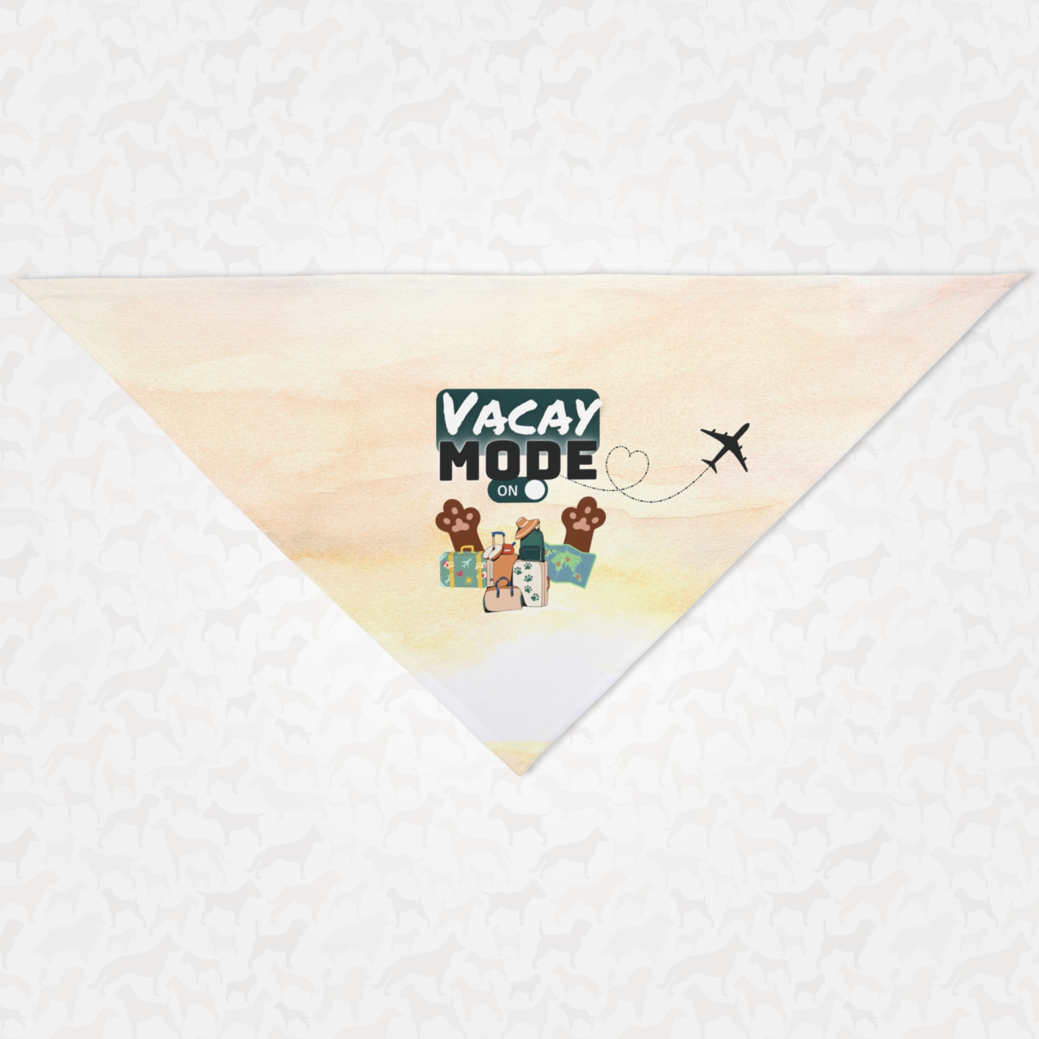 Dog bandana featuring travel and vacation graphics saying Vacay Mode On.