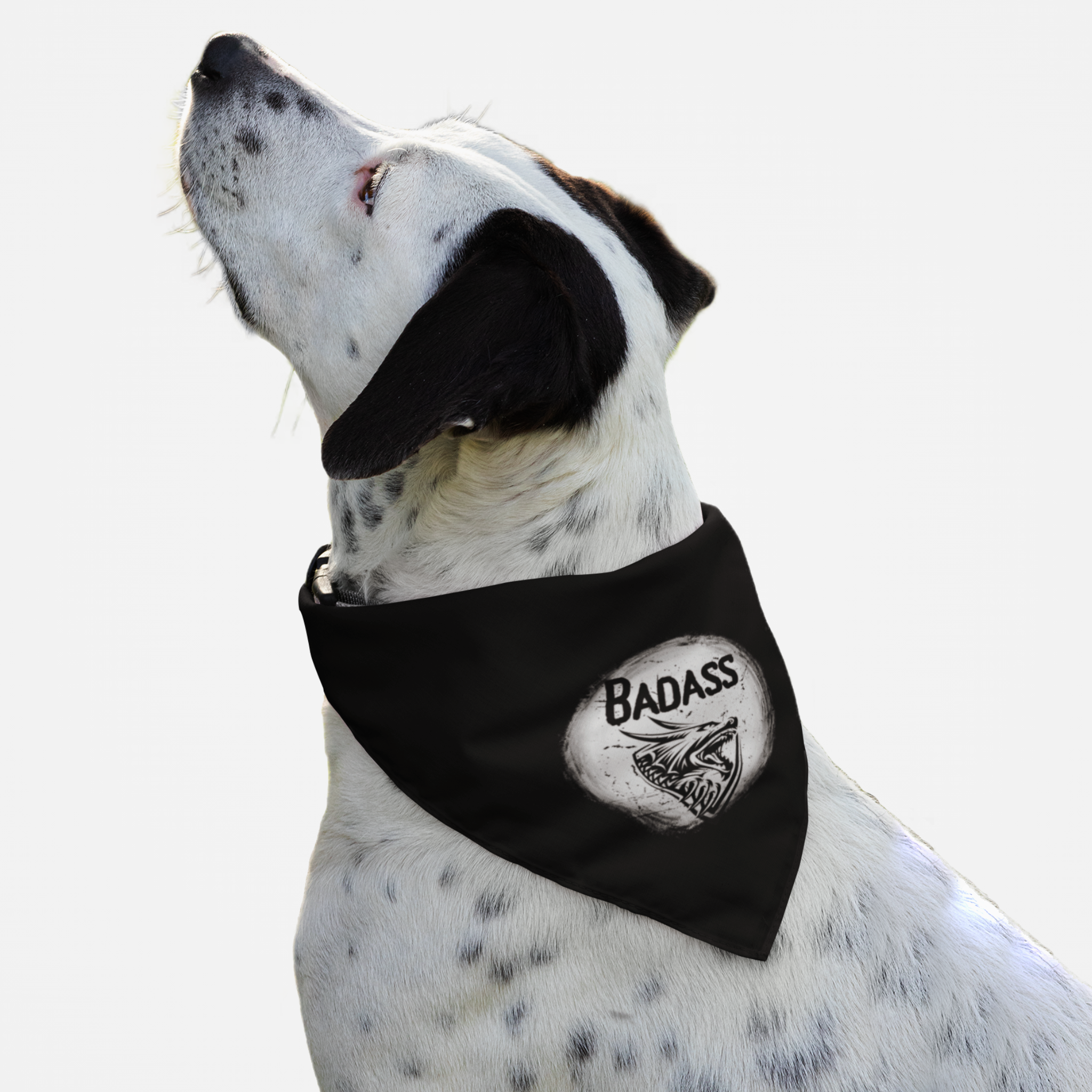 Dog wearing bandana with dragon graphic and Badass slogan with grunge effect.