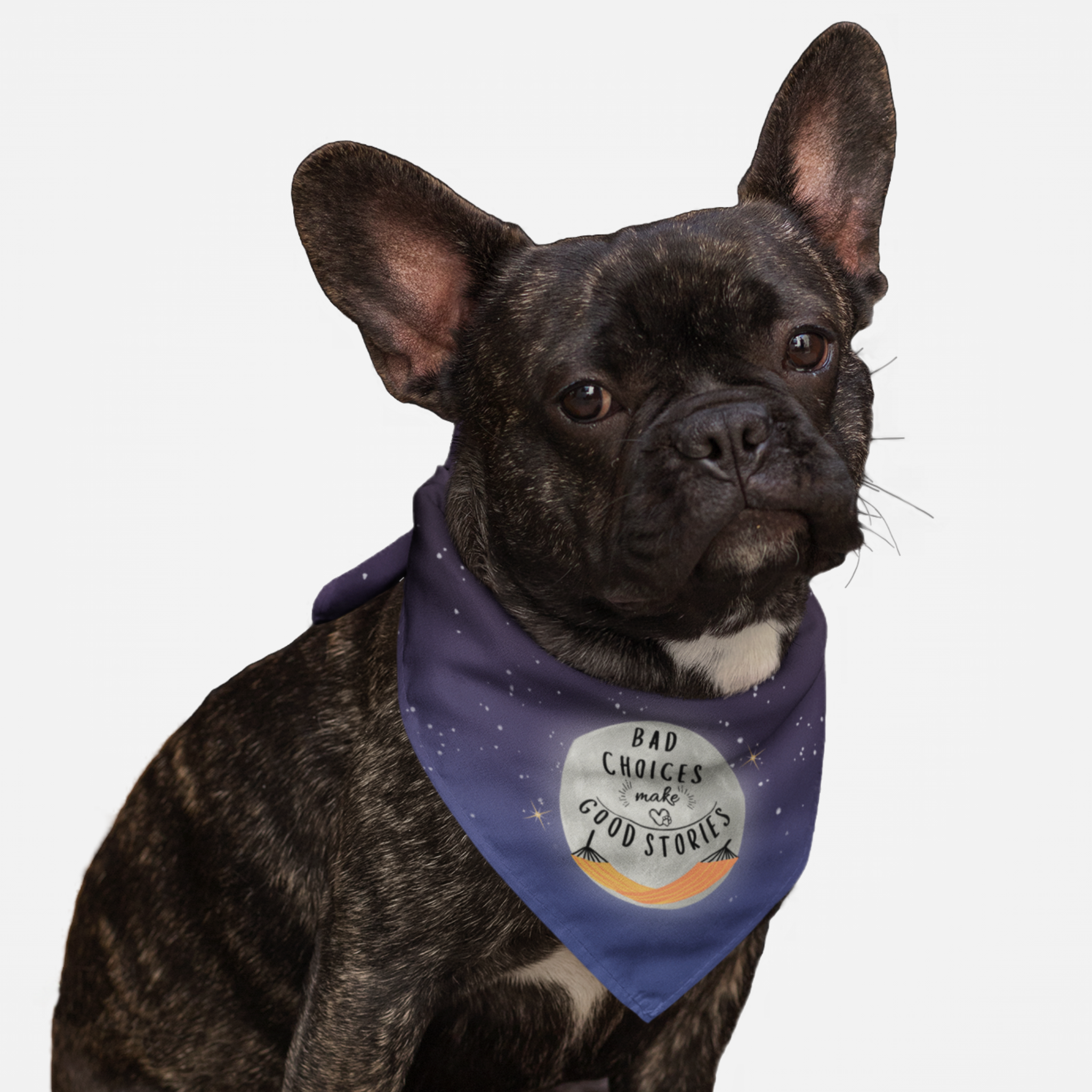 Dog wearing cute bandana featuring night moon graphic saying Bad Choices Make Good Stories.