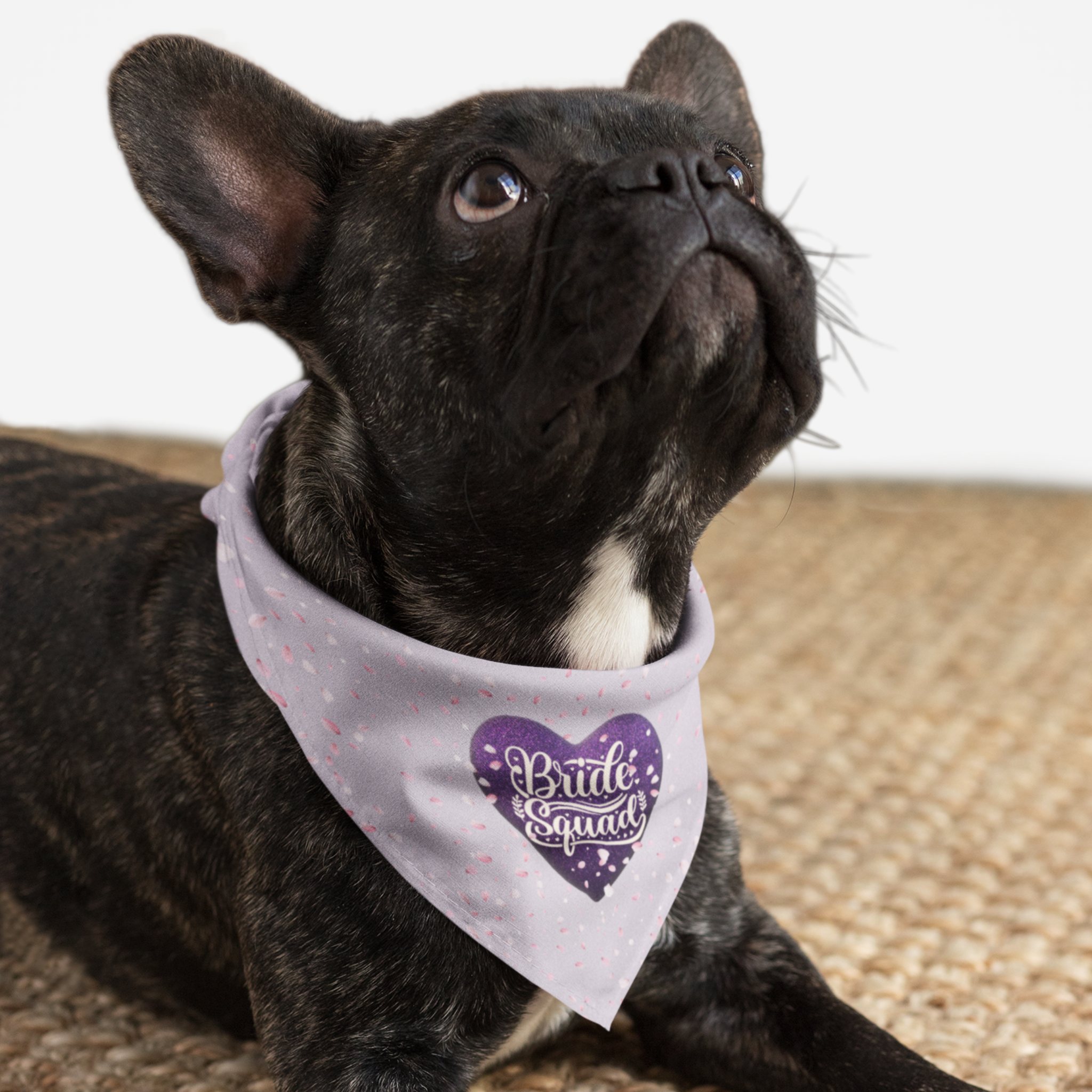 Dog wearing cute bandana for wedding featuring a heart and flower petals saying Bride Squad.