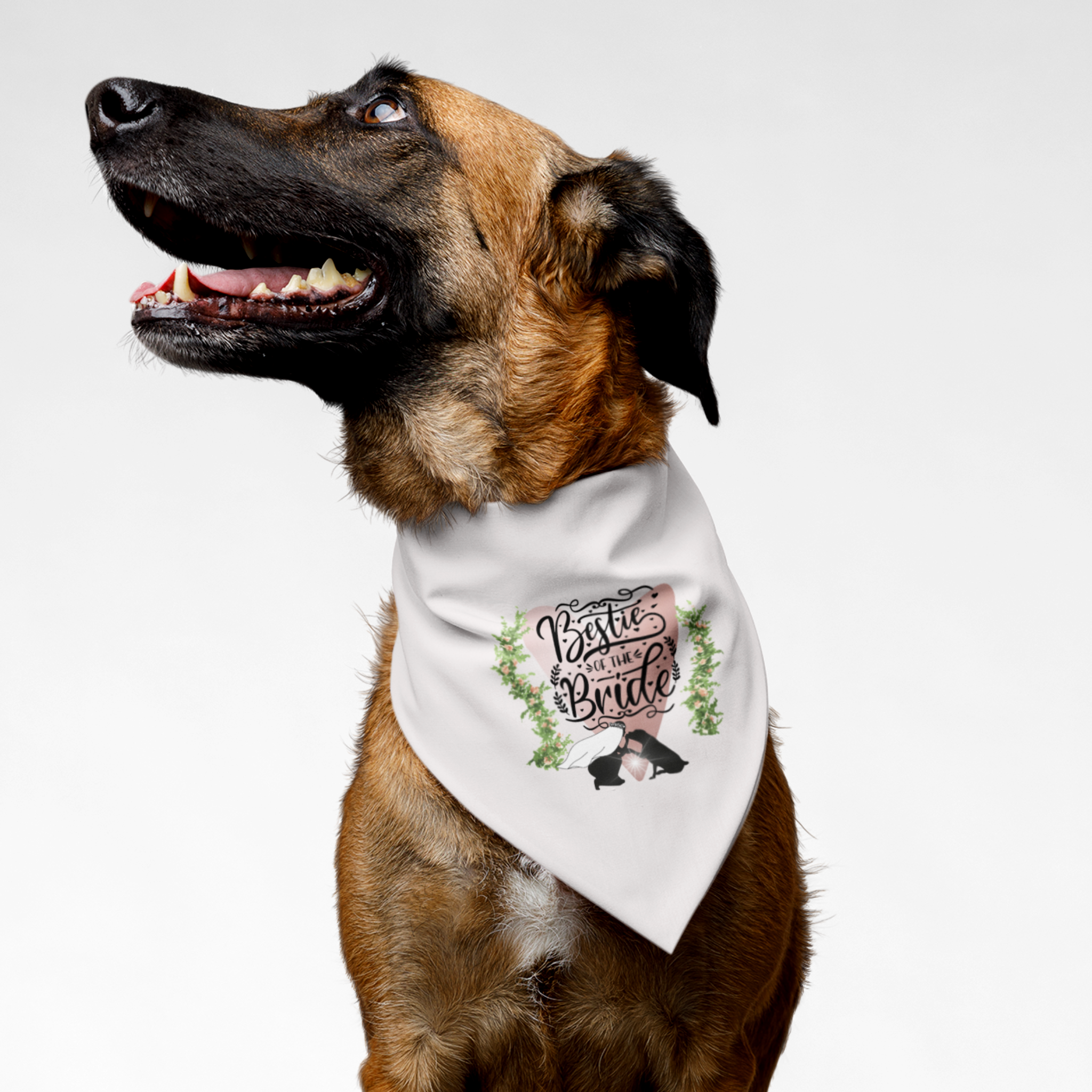 Dog wearing cute bandana for wedding saying Bestie Of The Bride.
