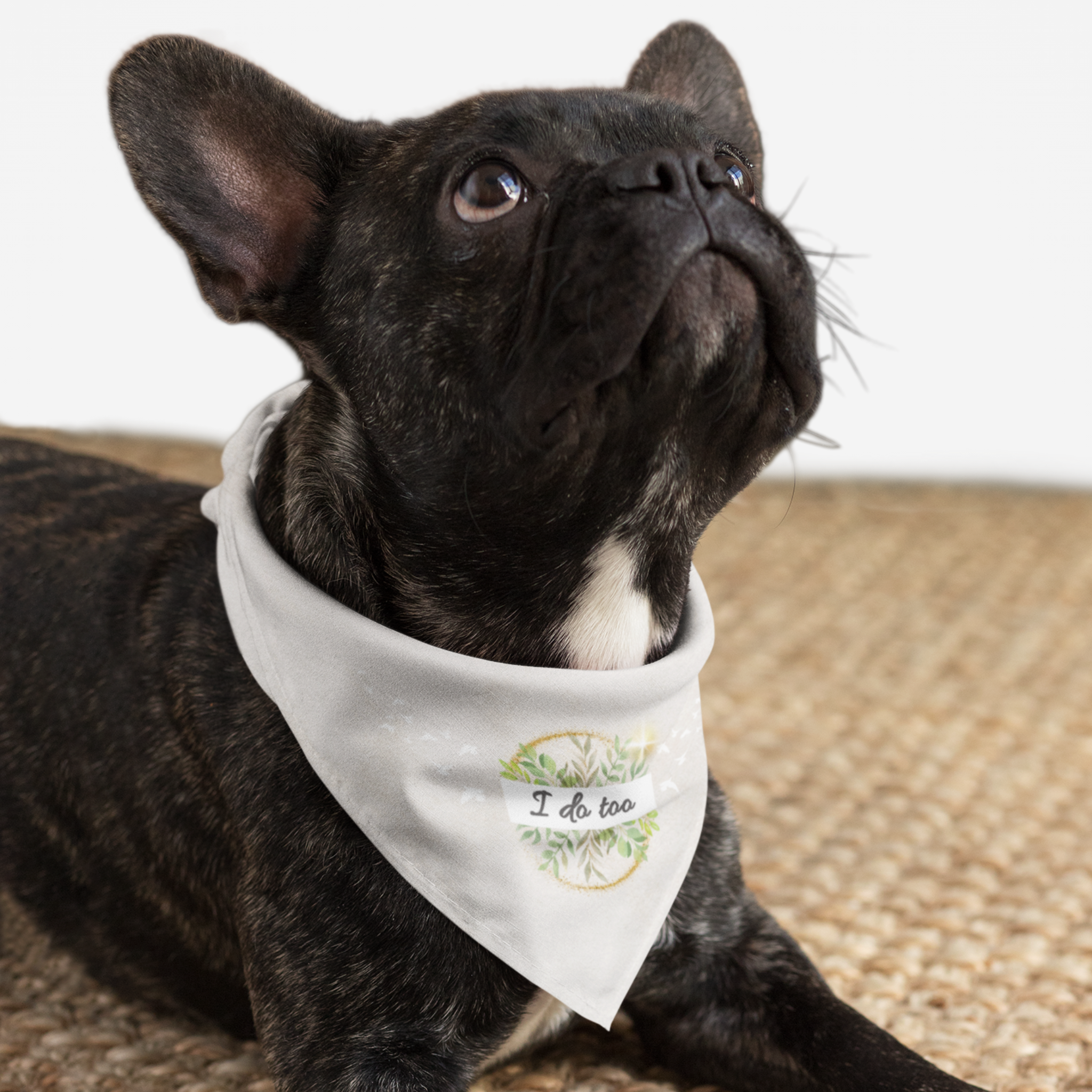 Dog wearing cute bandana for wedding saying I Do Too.